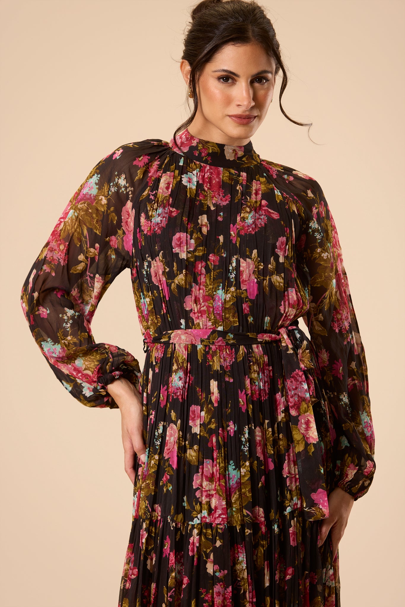 chiffon floral dresses uk Mid Length Fluted Hem Floral Chiffon Dress with Sleeves. 7g129
