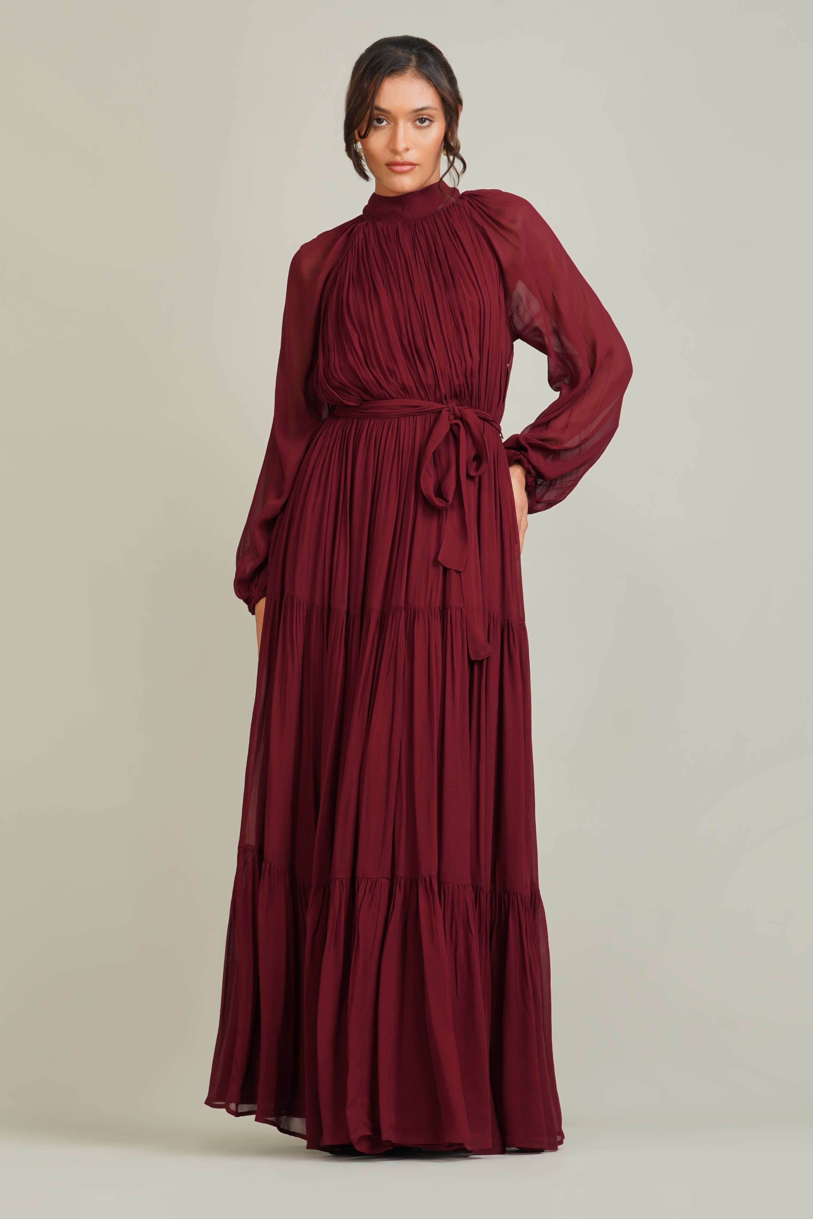 Modest Long Sleeve Burgundy Red Georgette High-Neck Maxi Dress