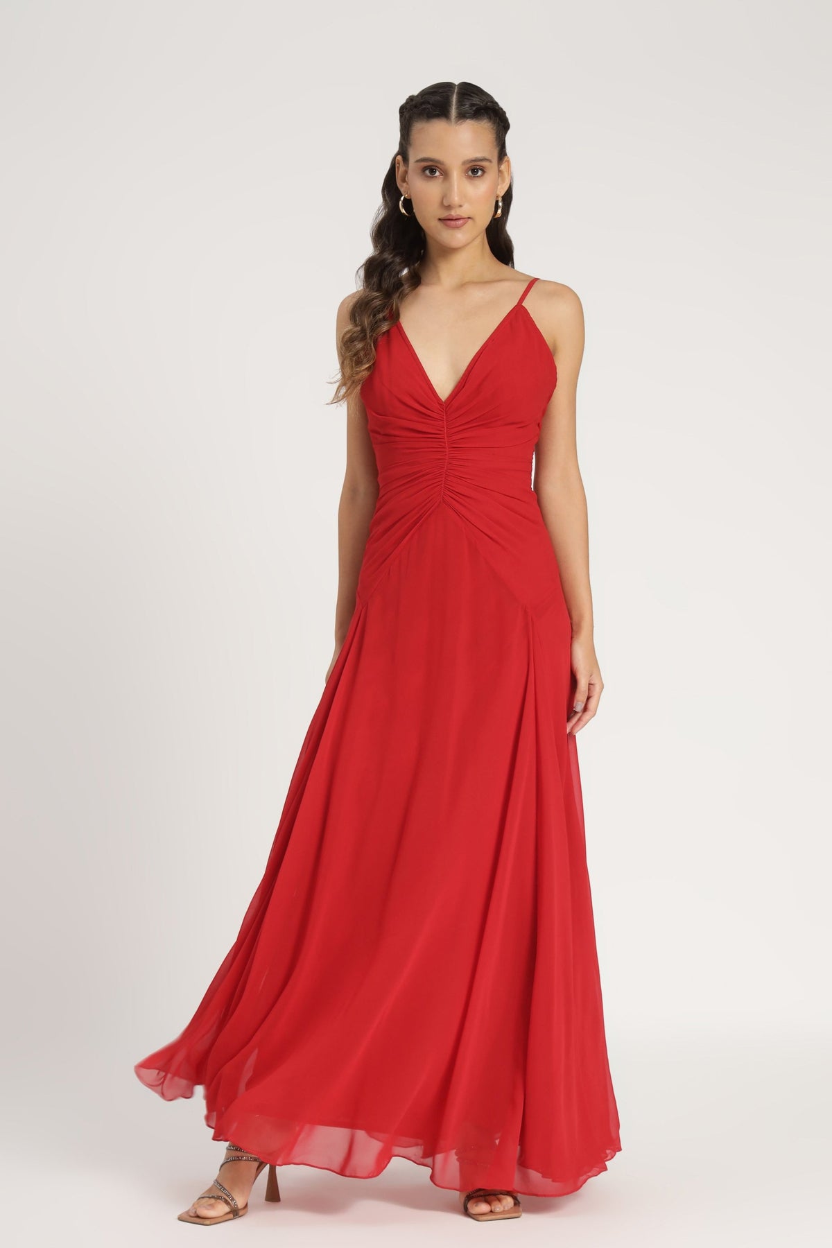 Red sleeveless maxi dress rouched bodice