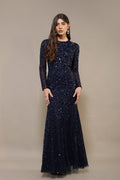 Navy Blue Maxi Embellished Dress Modest Long-Sleeve