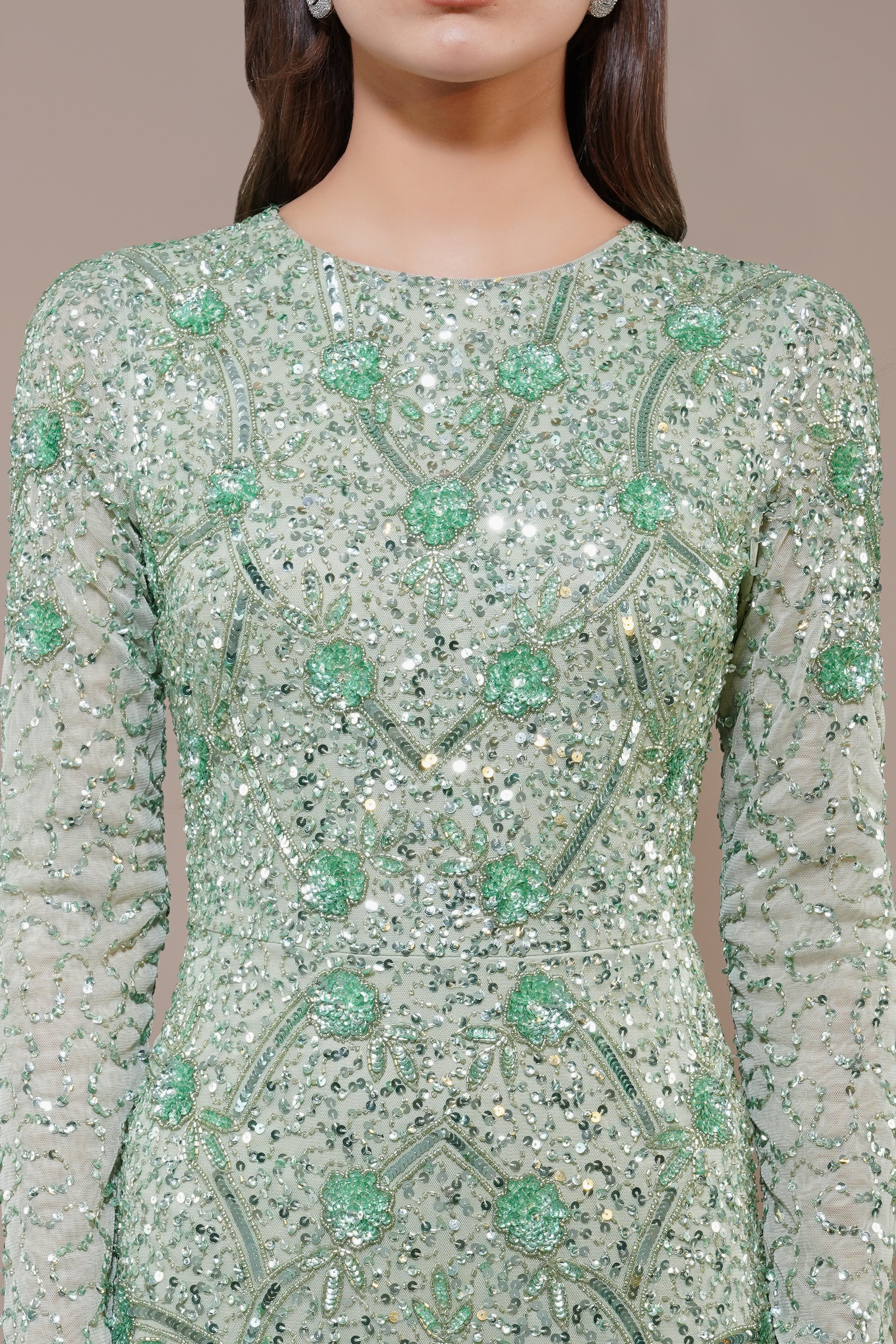 Zinnia Embellished Maxi Dress in Sage Green Lace & Beads Zinnia Embellished Maxi Dress in Sage Green Lace & Beads