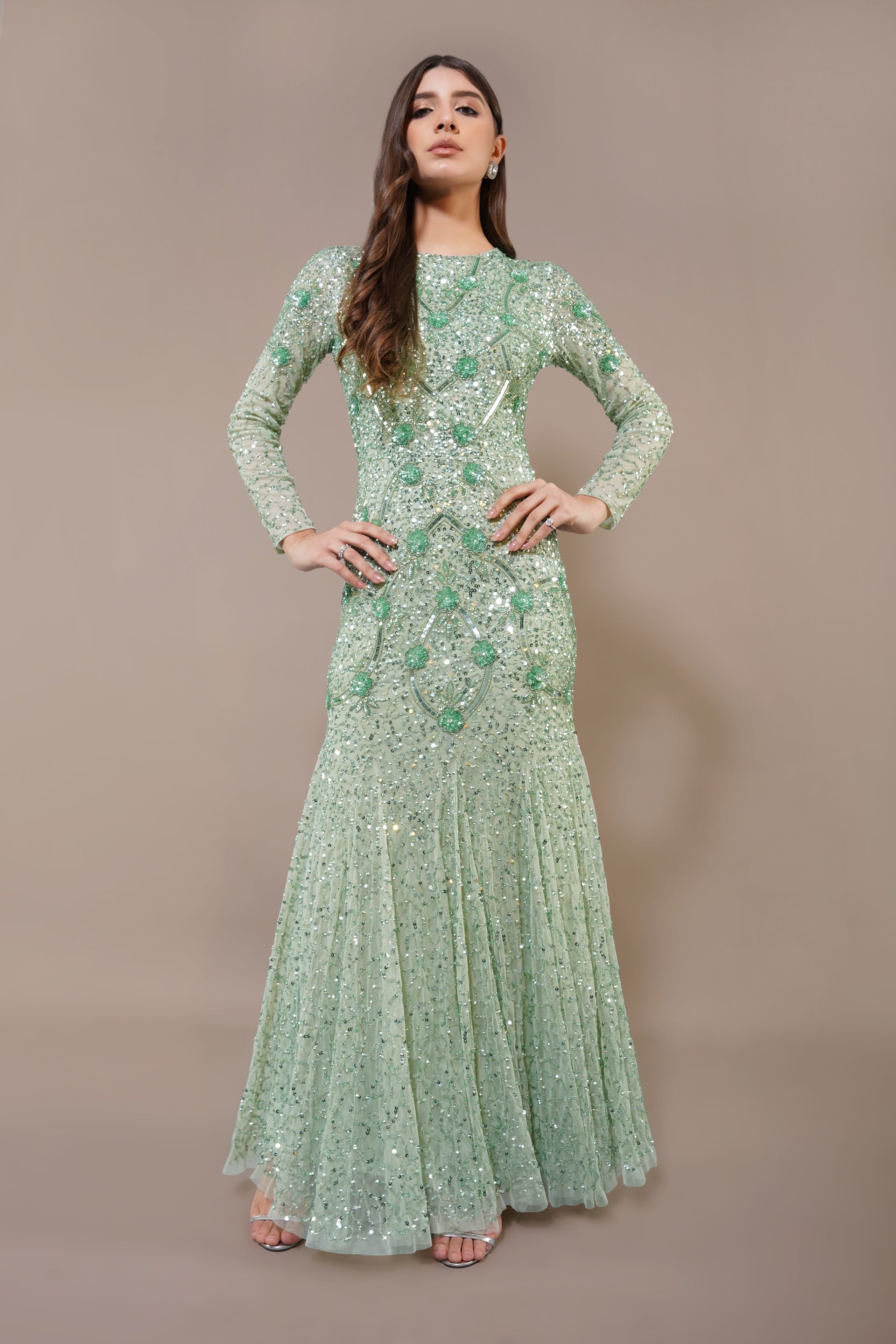 Fit-and-flare mermaid modest maxi dress long sleeves embellished sequins