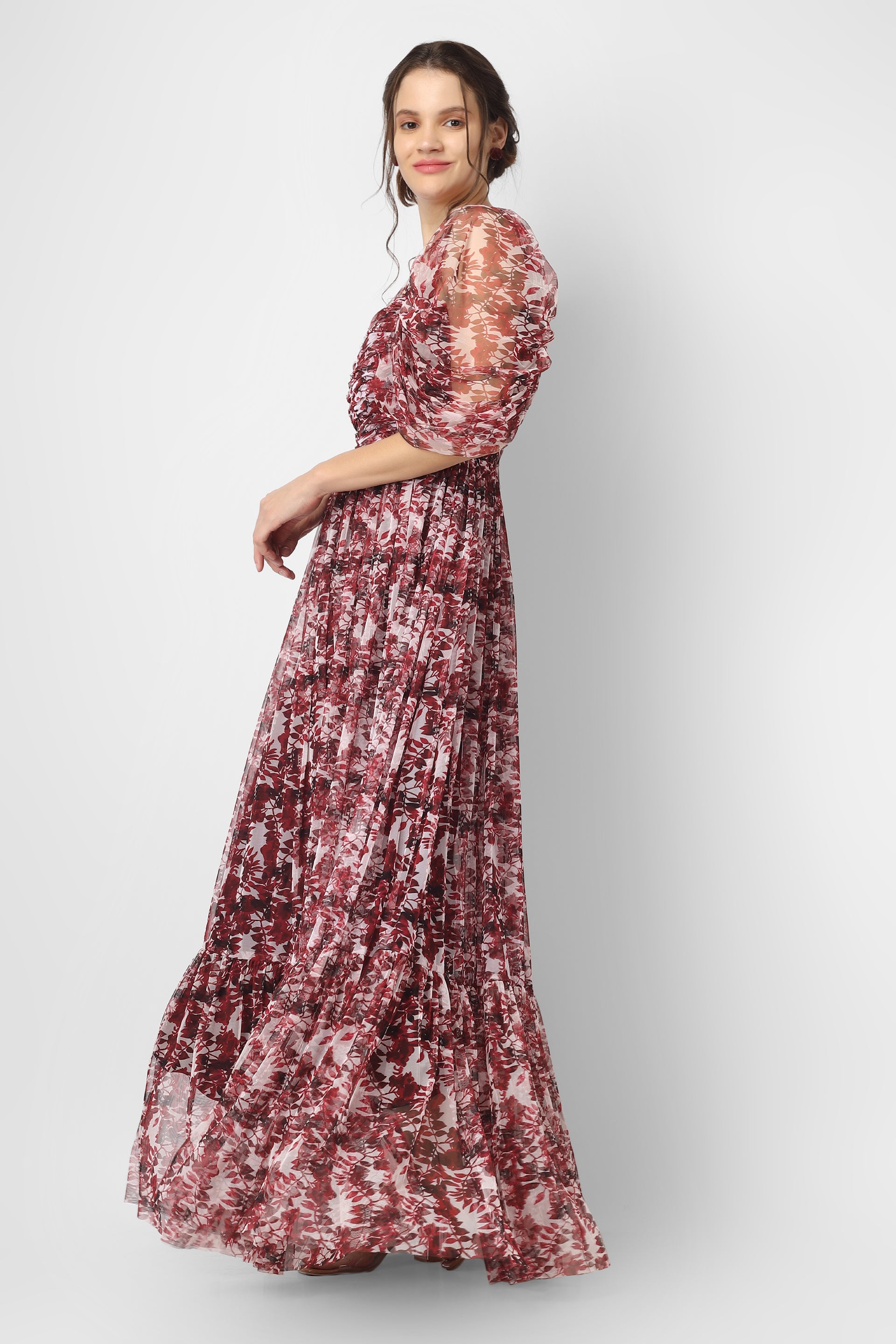 Alicia Tulle Maxi in Burgundy Print