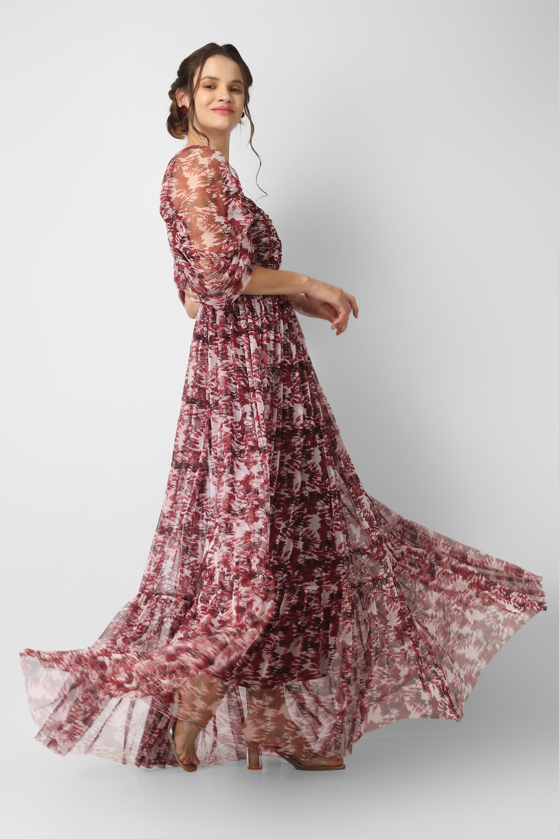 Alicia Tulle Maxi in Burgundy Print