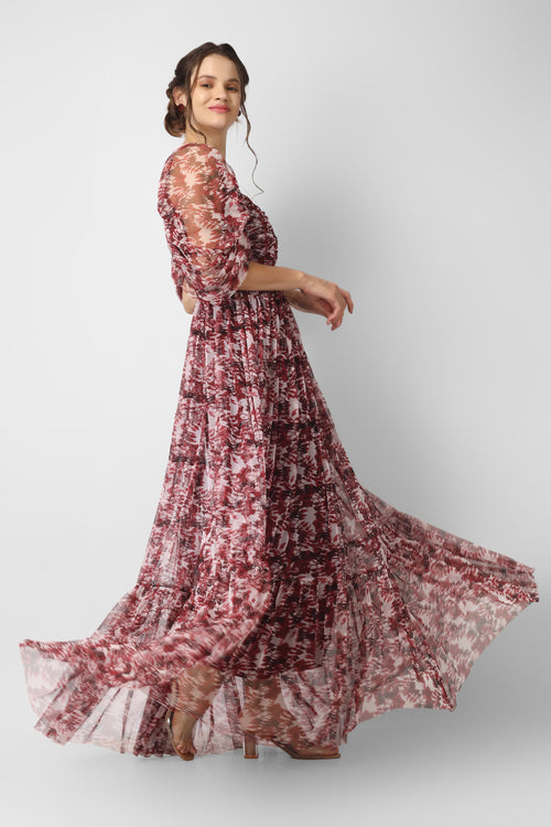 Alicia Tulle Maxi in Burgundy Print