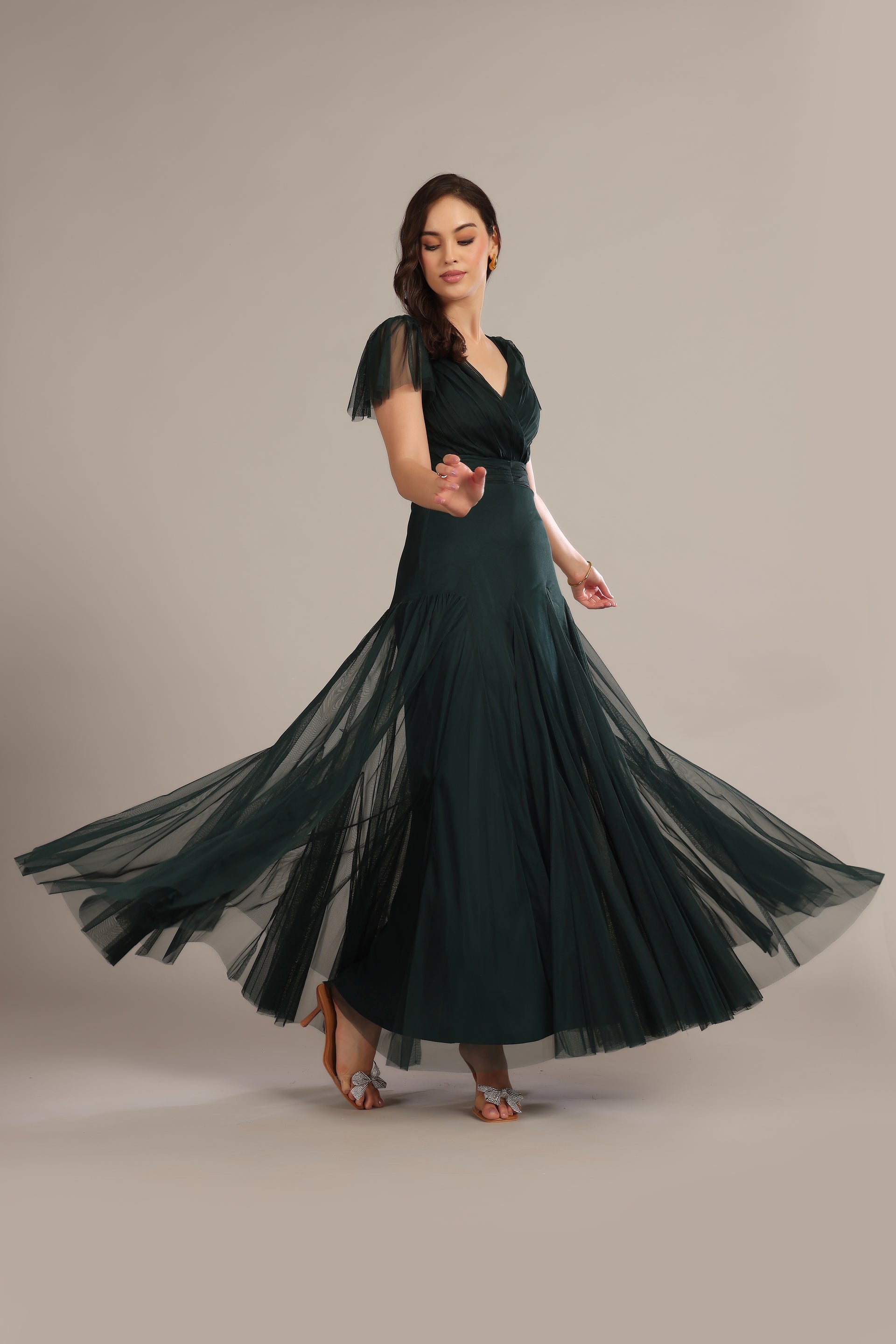 Gally Tulle Maxi Dress in Emerald Green