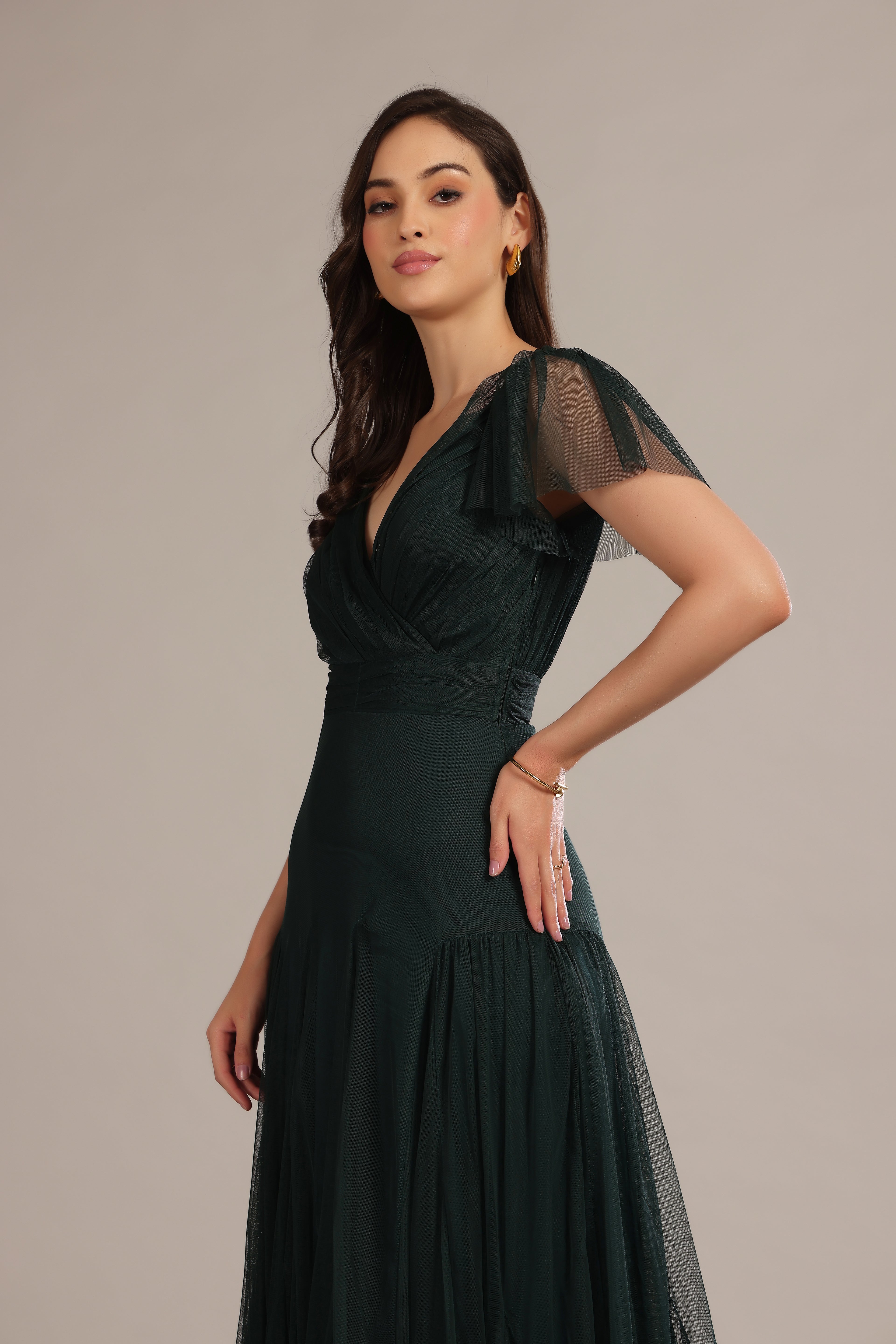 Gally Tulle Maxi Dress in Emerald Green