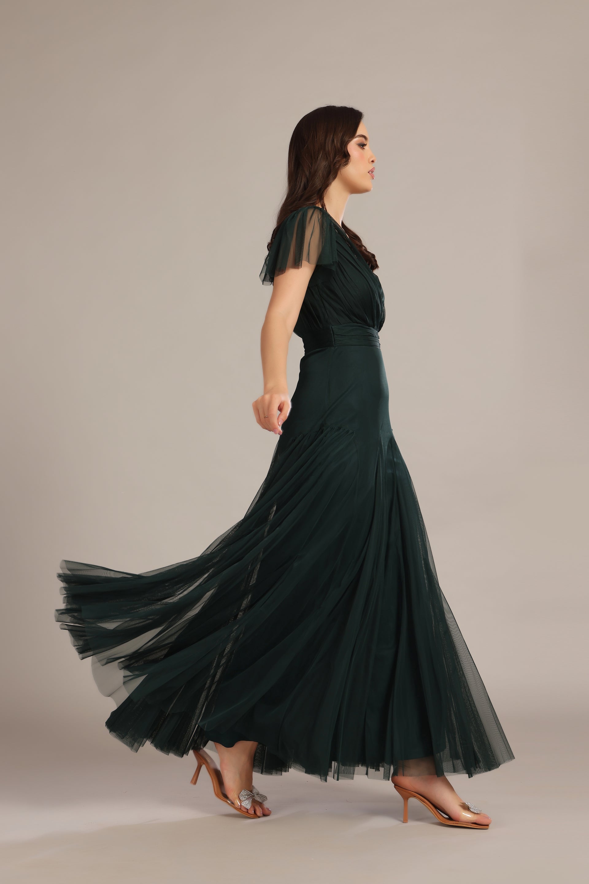 Gally Tulle Maxi Dress in Emerald Green