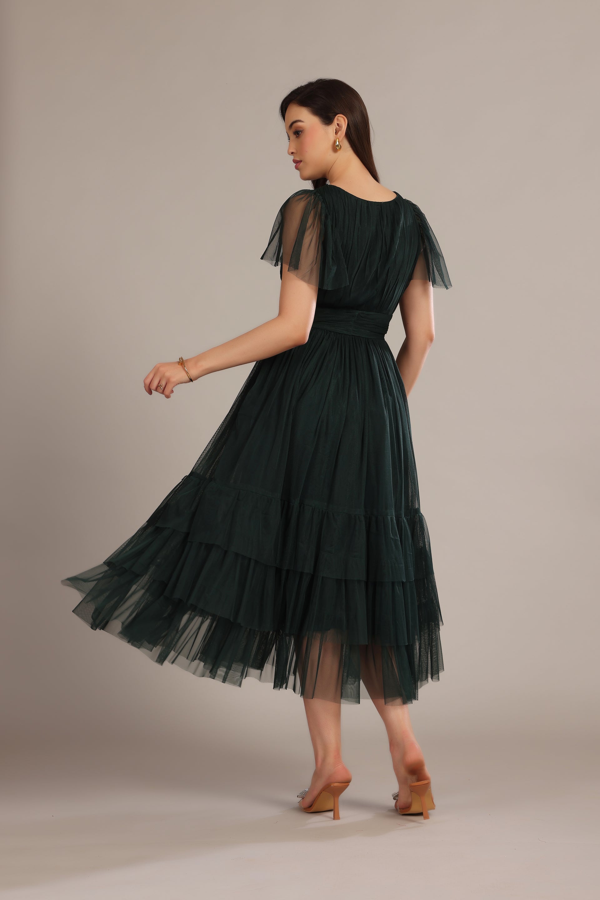 Madison Forest Green Tulle Midi Bridesmaid Dress