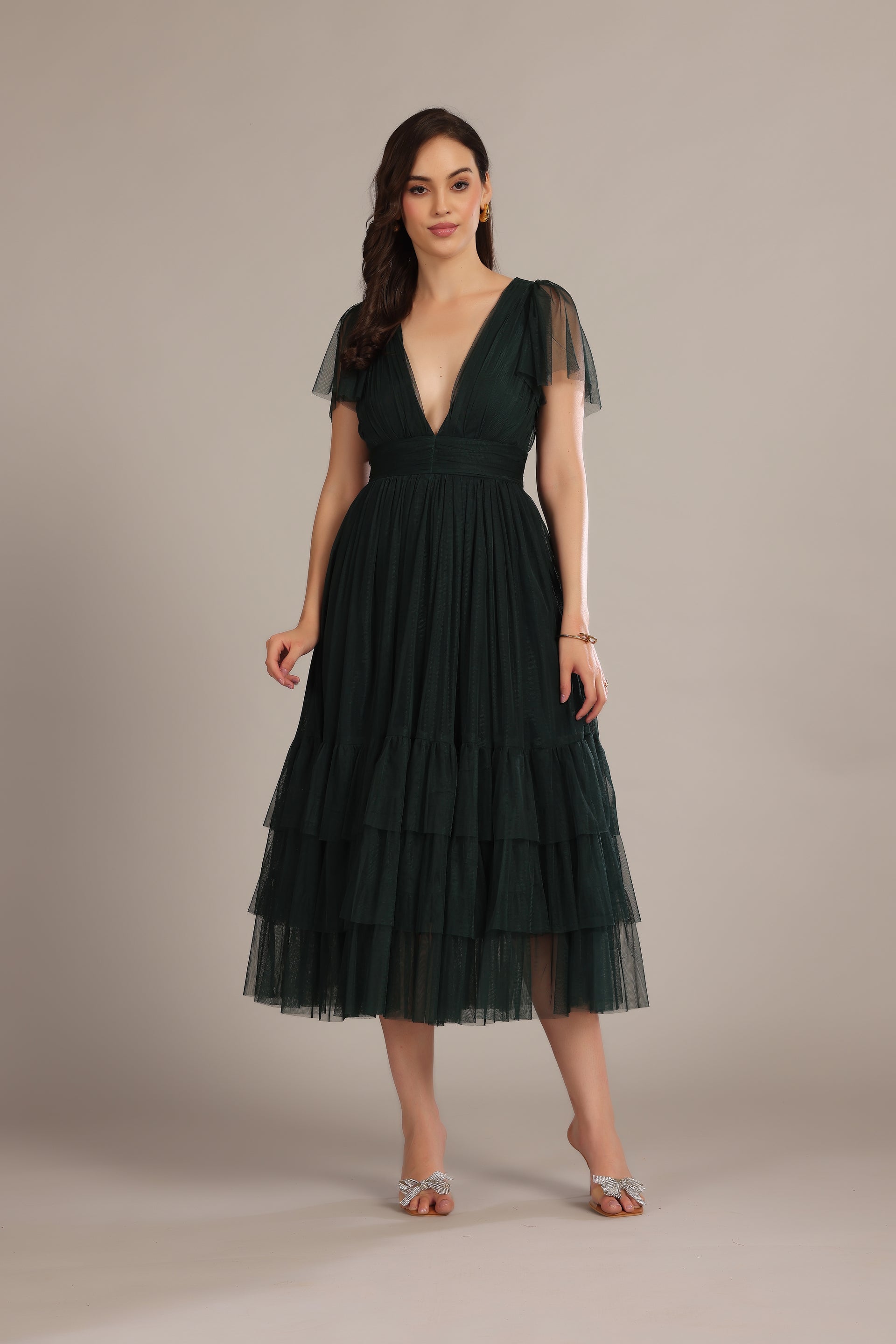 Plunging Short Sleeve Layered Tiered Bridesmaid Wedding Guest Emerald Forest Green Midi Dress