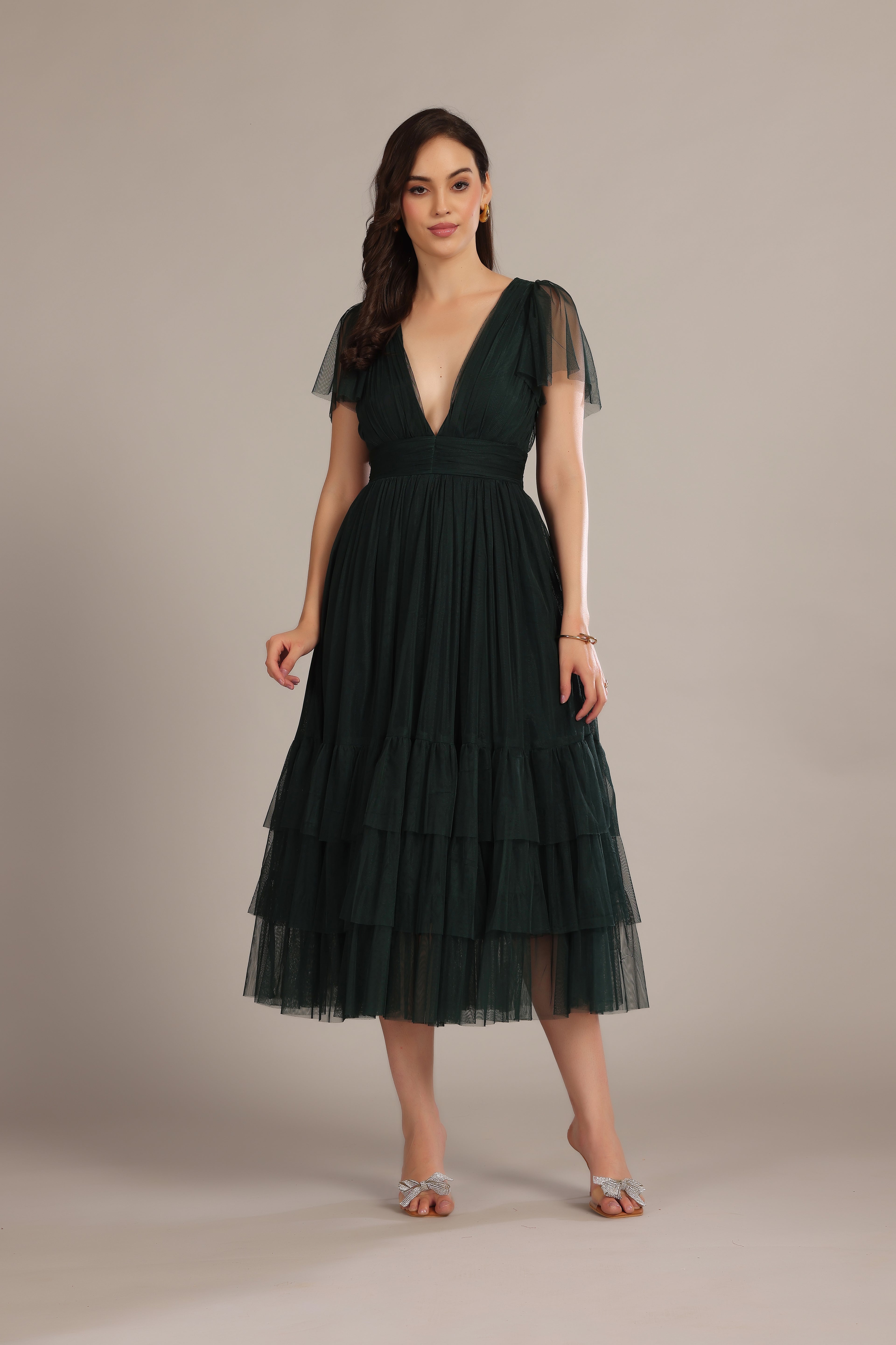 Plunging Short Sleeve Layered Tiered Bridesmaid Wedding Guest Emerald Forest Green Midi Dress
