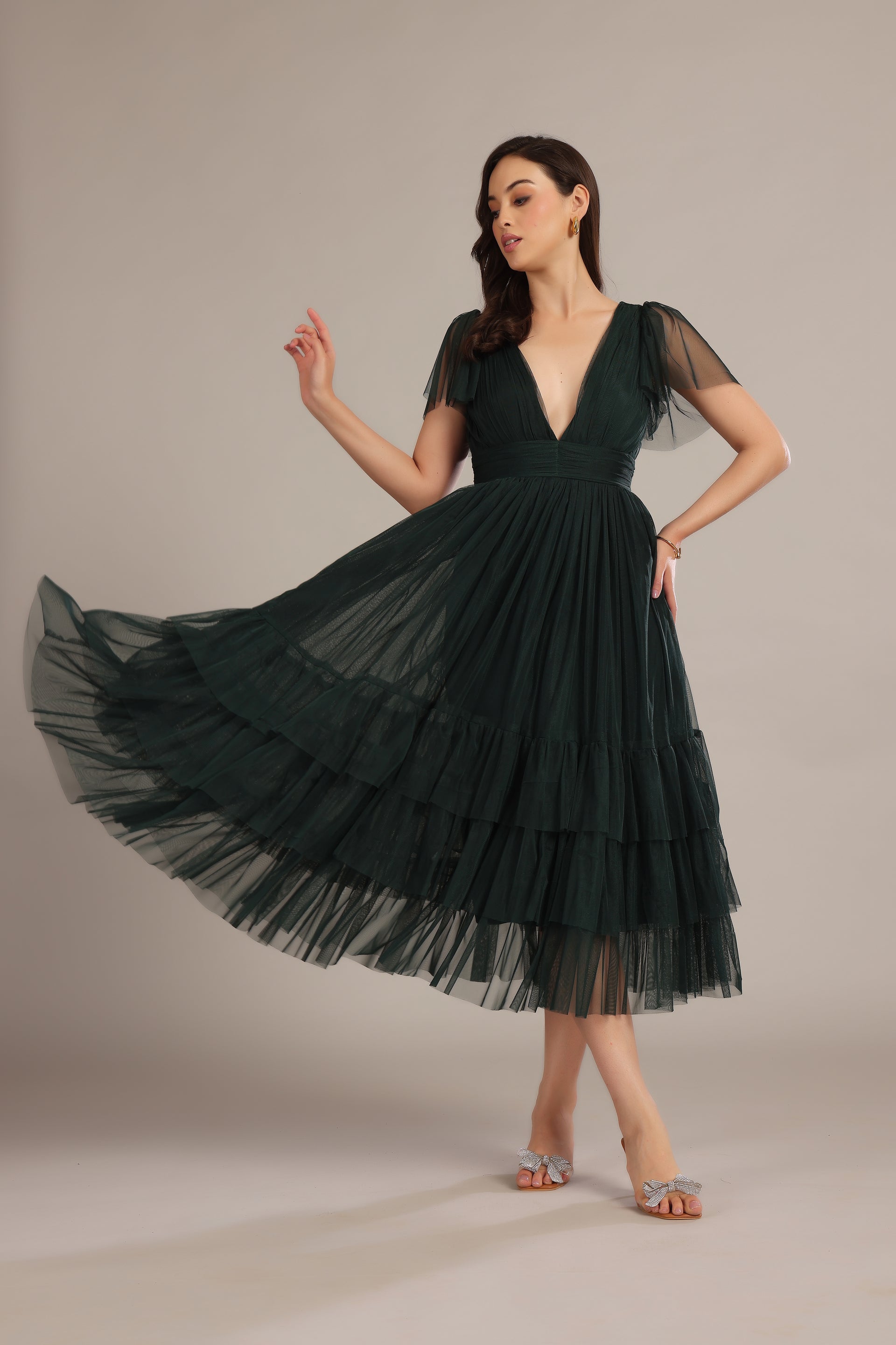 Madison Forest Green Tulle Midi Bridesmaid Dress