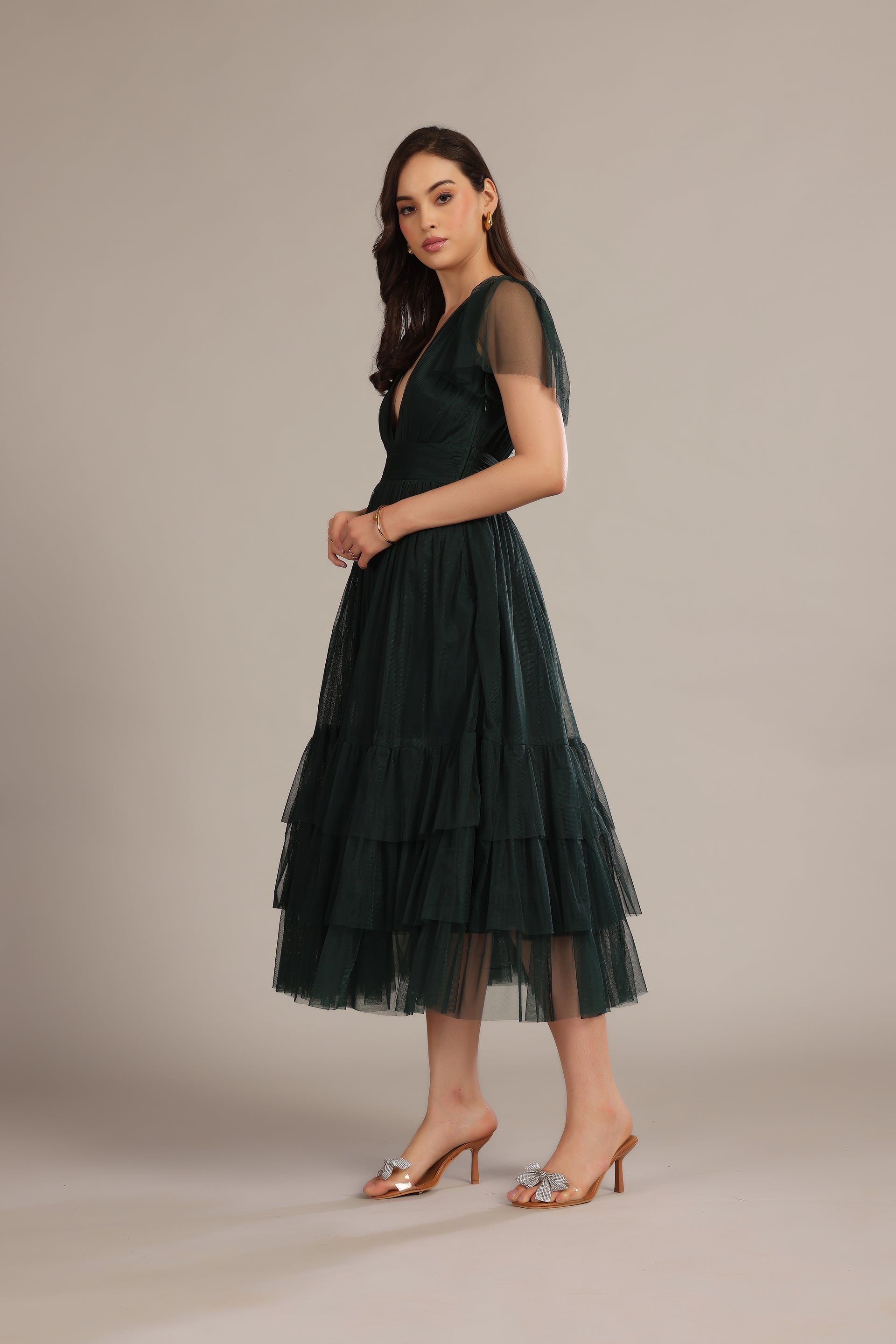 Madison Forest Green Tulle Midi Bridesmaid Dress