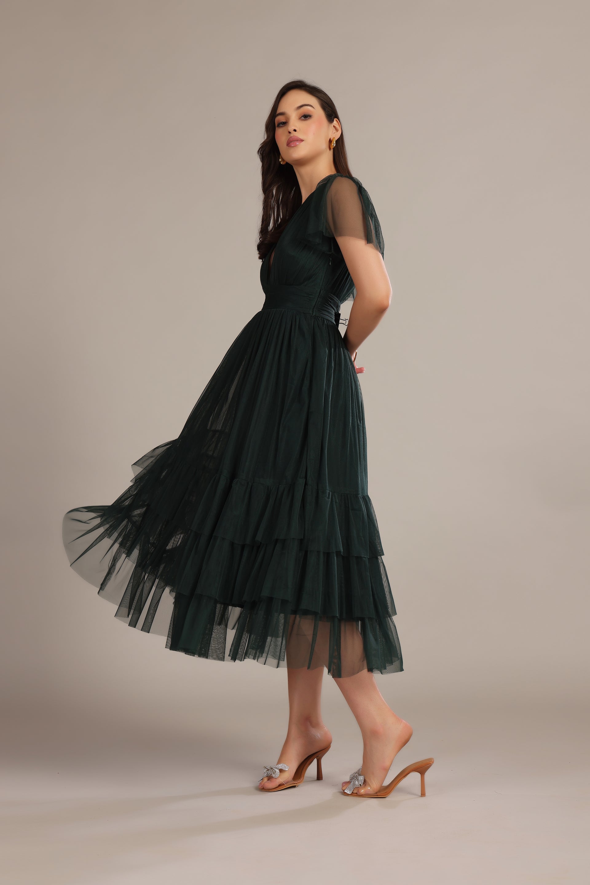 Madison Forest Green Tulle Midi Bridesmaid Dress