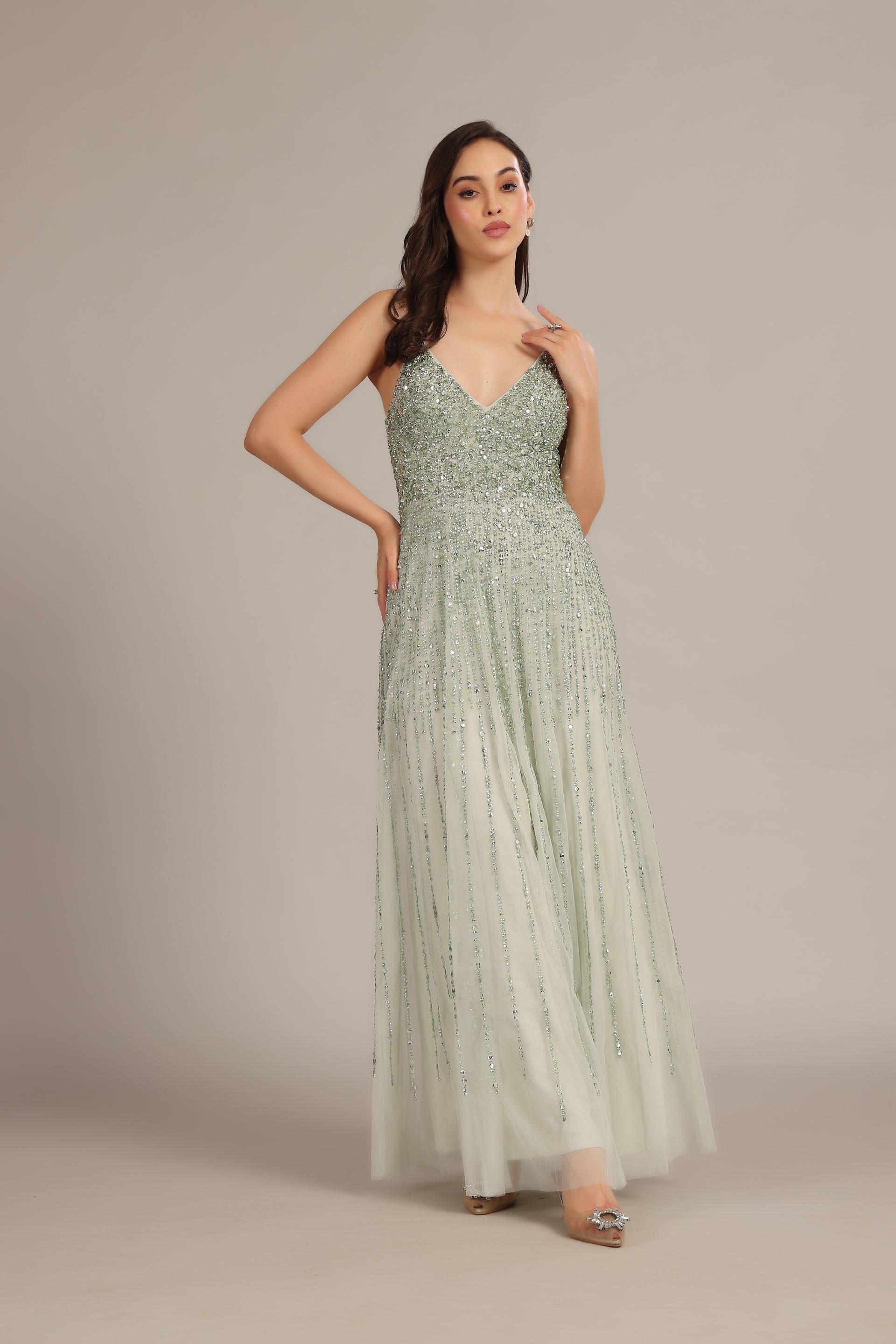 Embellished Maxi Dress Wedding Guest Strappy V-neck Sage Green
