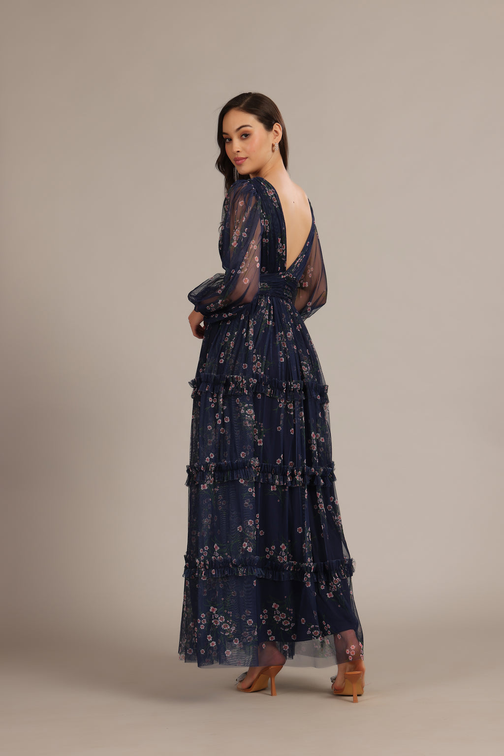 Lydia Tulle Maxi Dress in Navy Floral