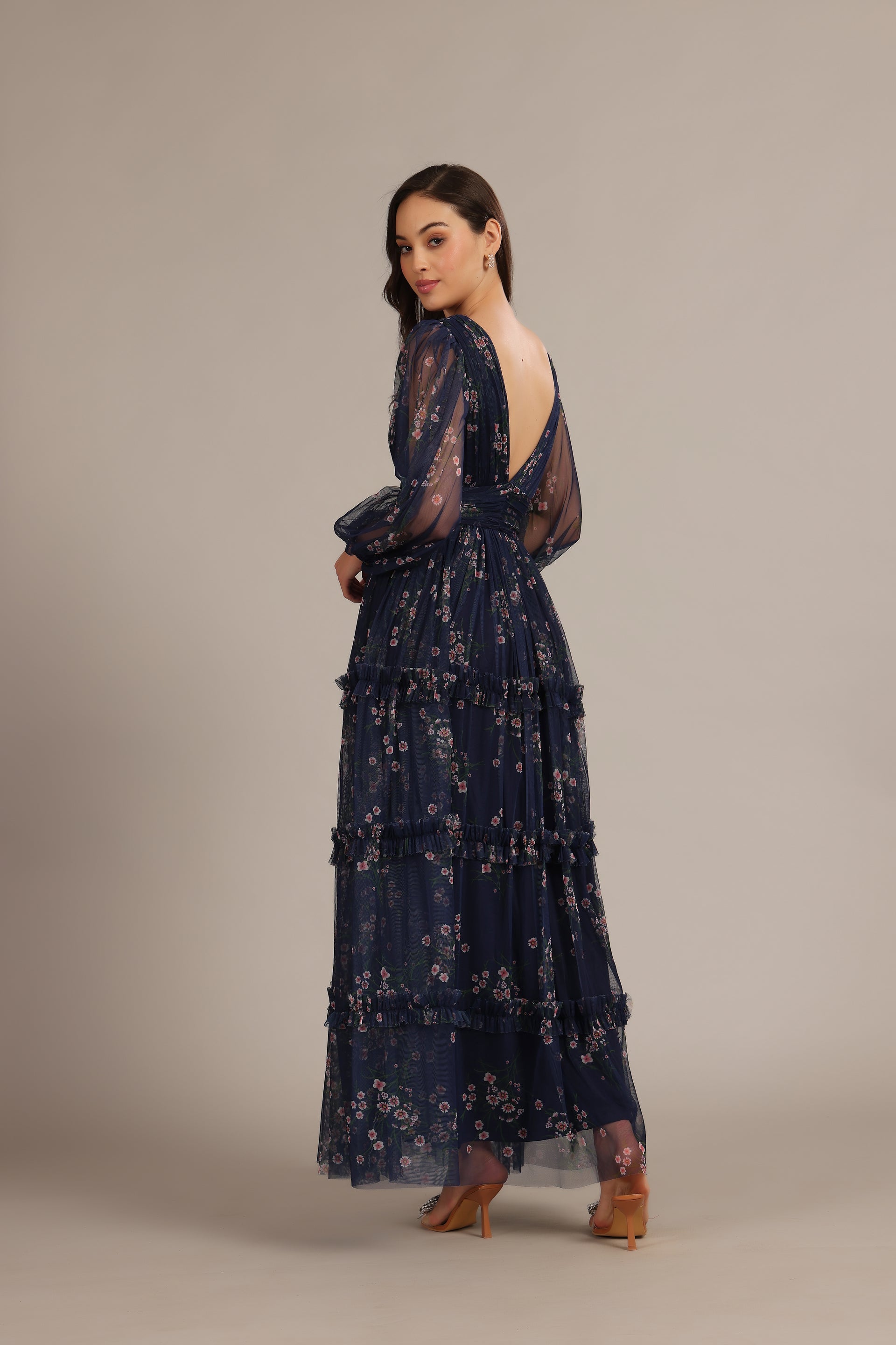 Lydia Tulle Maxi Dress in Navy Floral