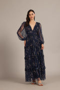 Wedding Guest Formal Long Sleeve Tulle Floral Navy Blue Plunging Maxi Dress