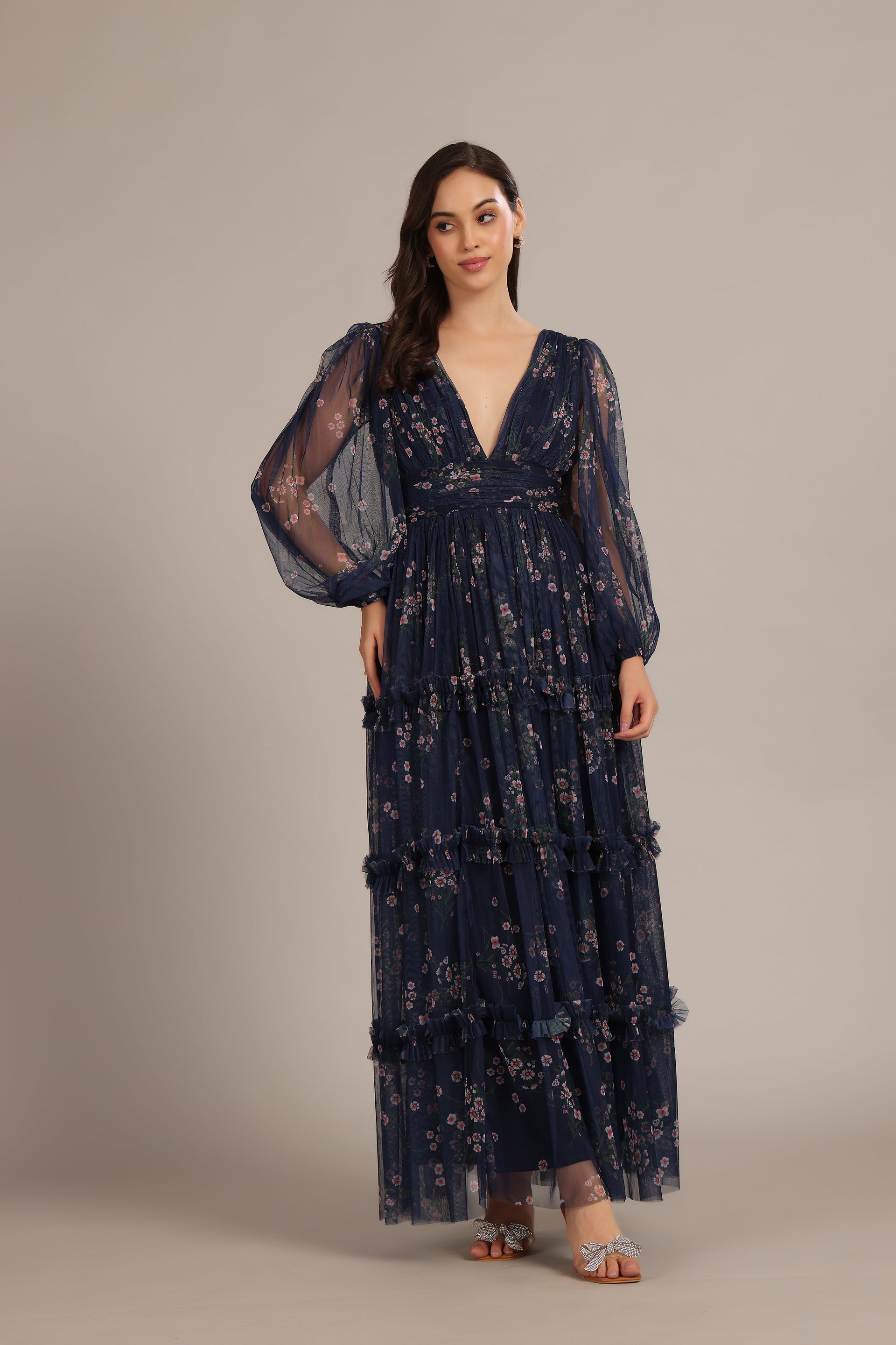 Wedding Guest Formal Long Sleeve Tulle Floral Navy Blue Plunging Maxi Dress