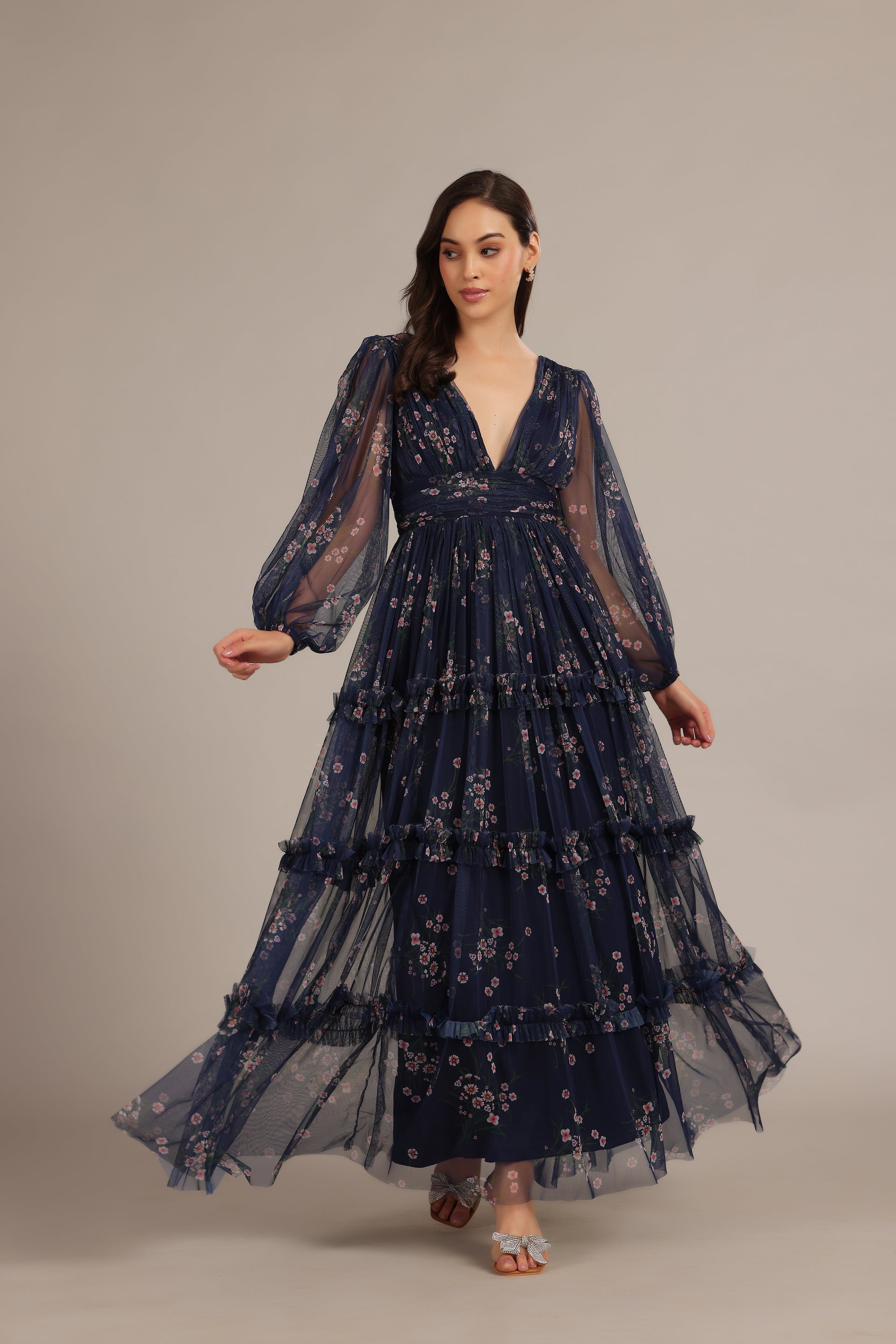 Lydia Tulle Maxi Dress in Navy Floral