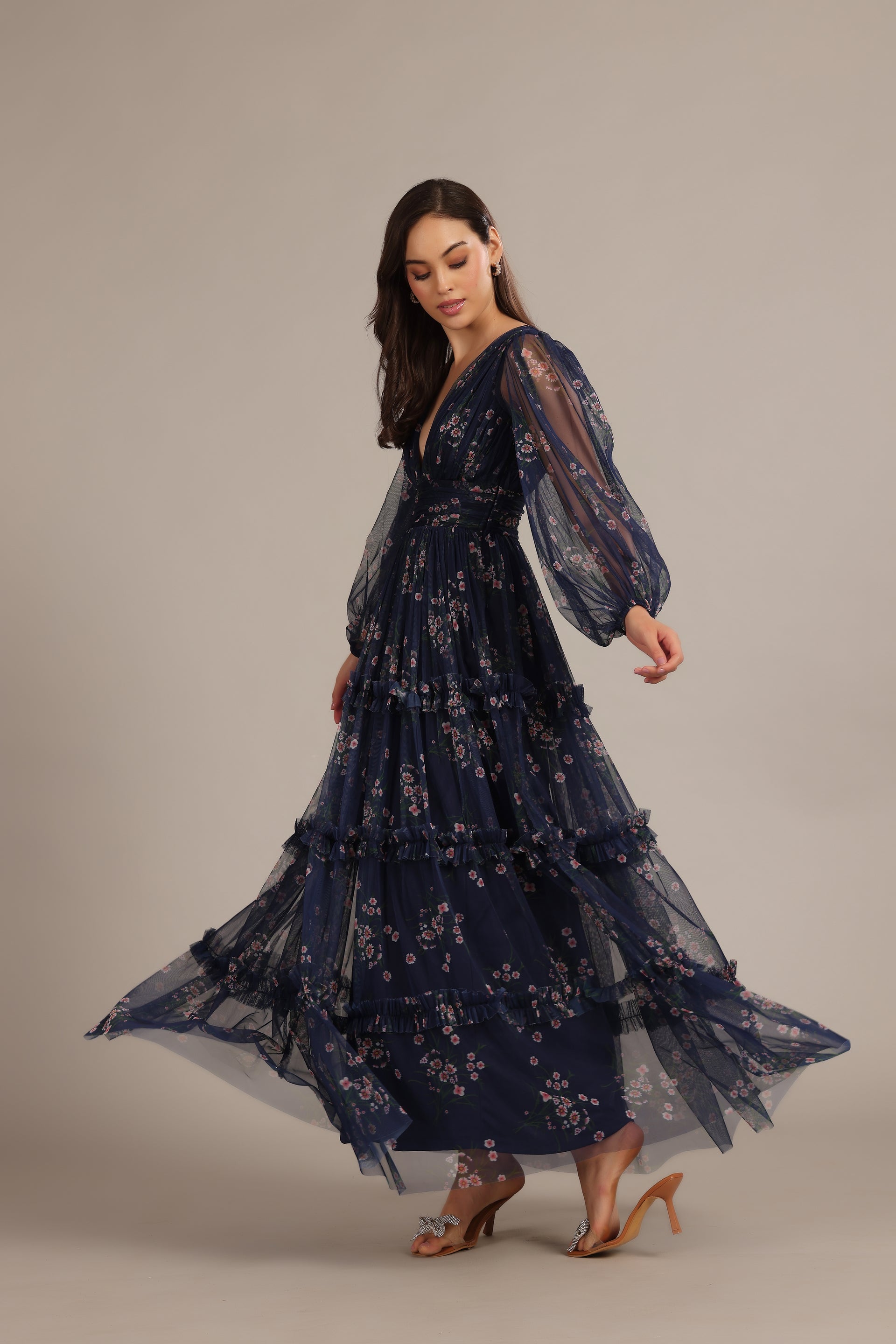 Lydia Tulle Maxi Dress in Navy Floral