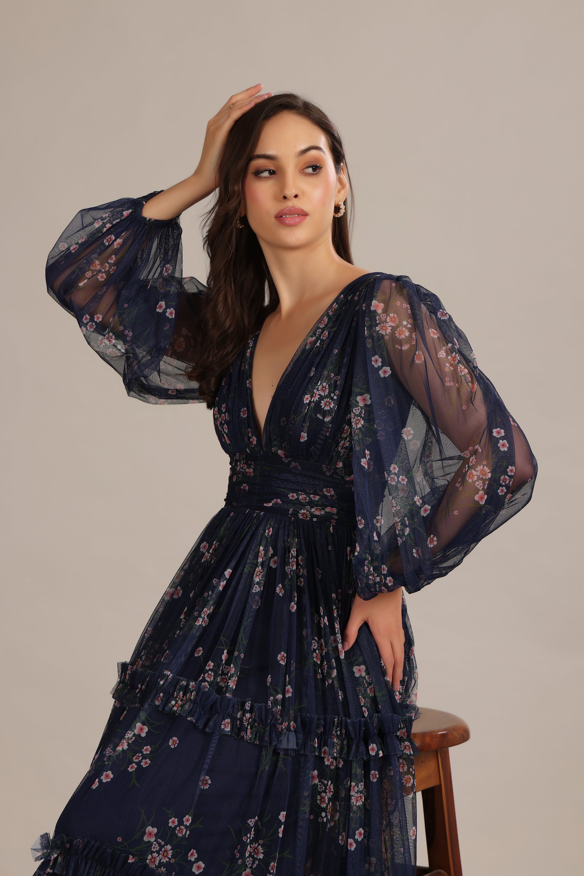 Lydia Tulle Maxi Dress in Navy Floral