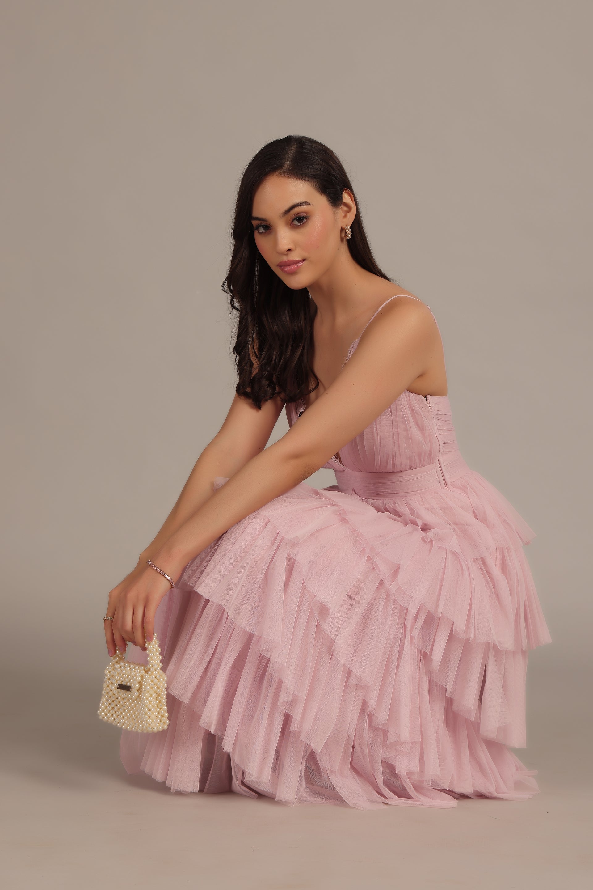 Bridesmaid Wedding Guest Lace Tulle Layered Tiered Plunging Strappy Maxi Powder Pink Dress