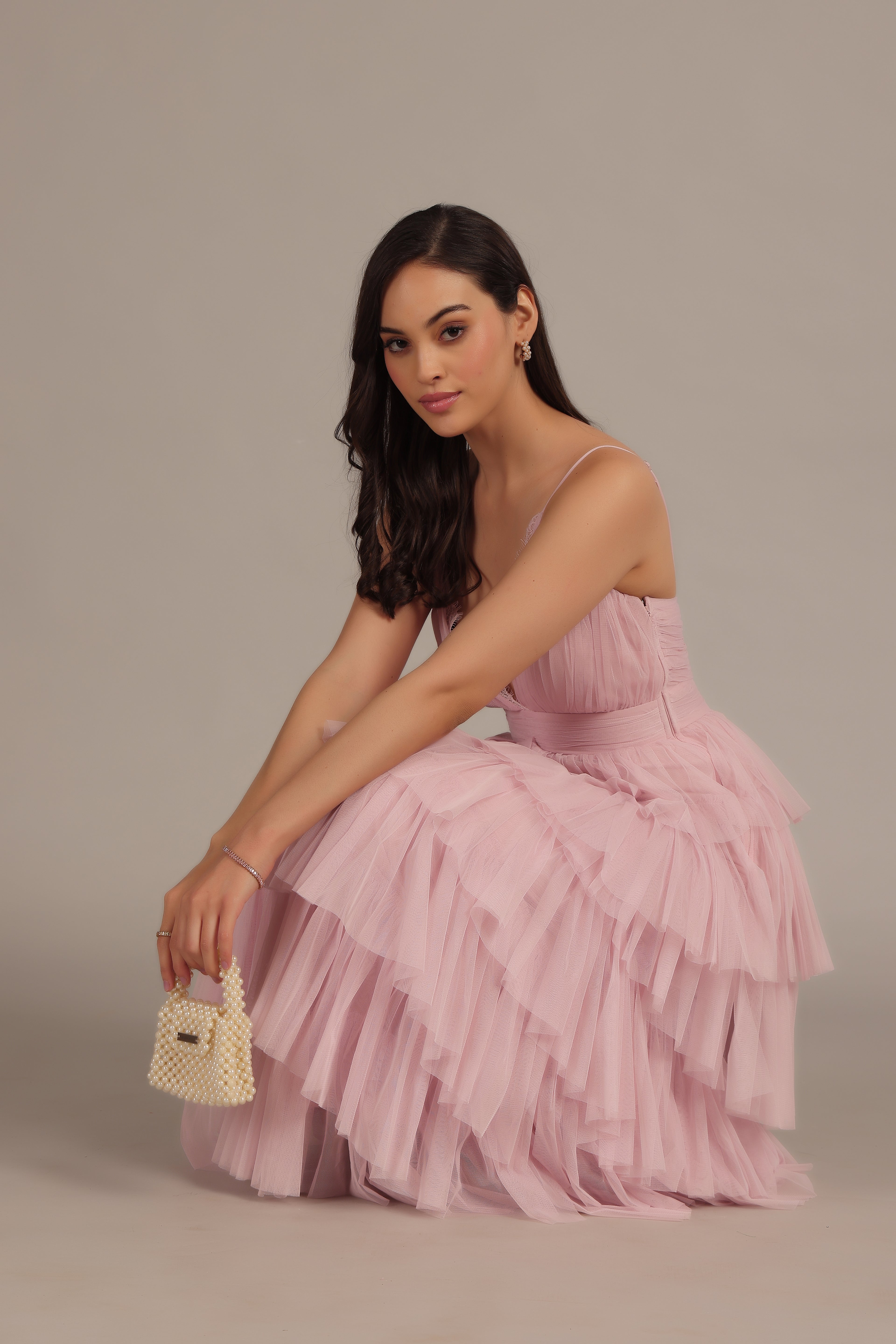Bridesmaid Wedding Guest Lace Tulle Layered Tiered Plunging Strappy Maxi Powder Pink Dress