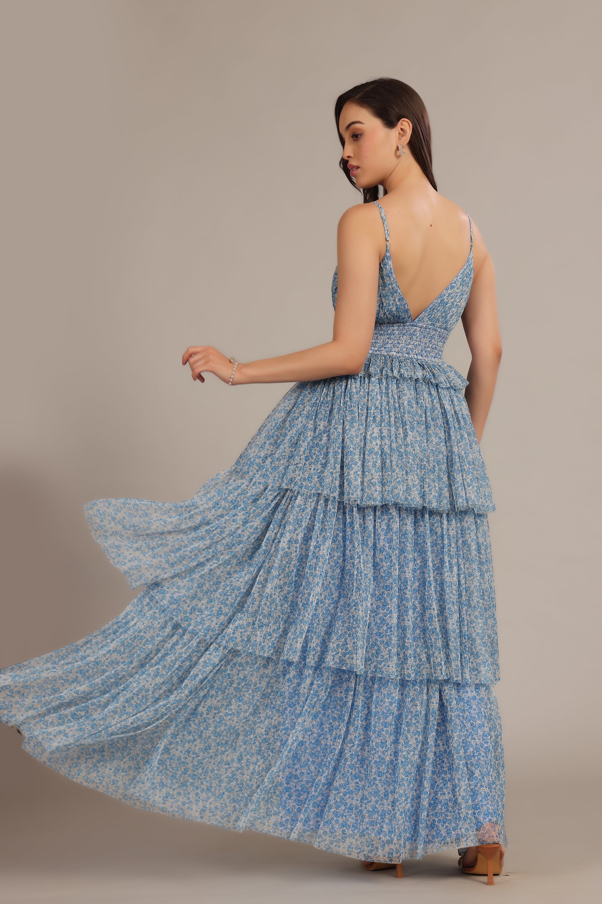 Rani Tulle Maxi Dress in Ditsy Blue Floral