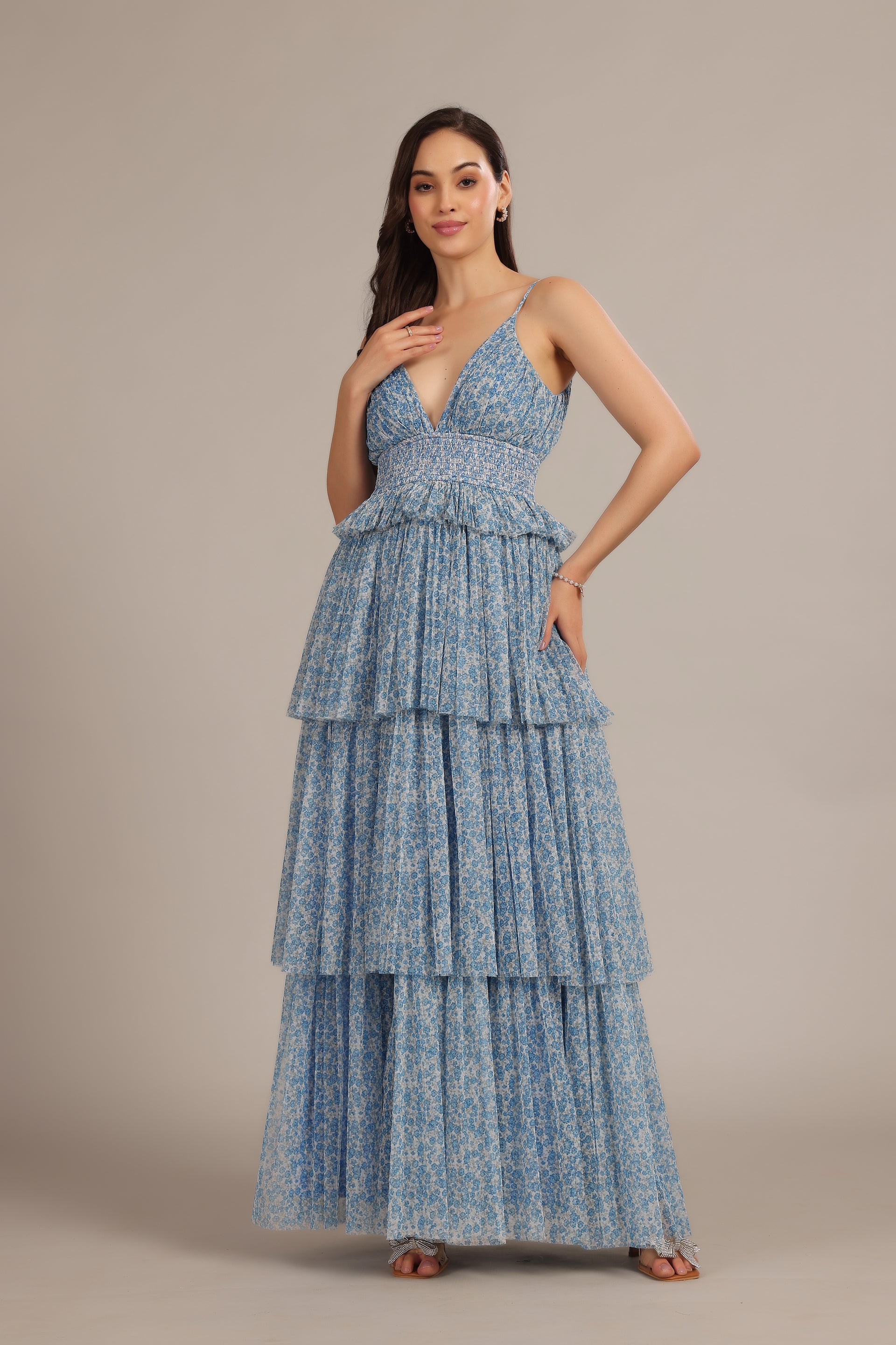 Rani Tulle Maxi Dress in Ditsy Blue Floral
