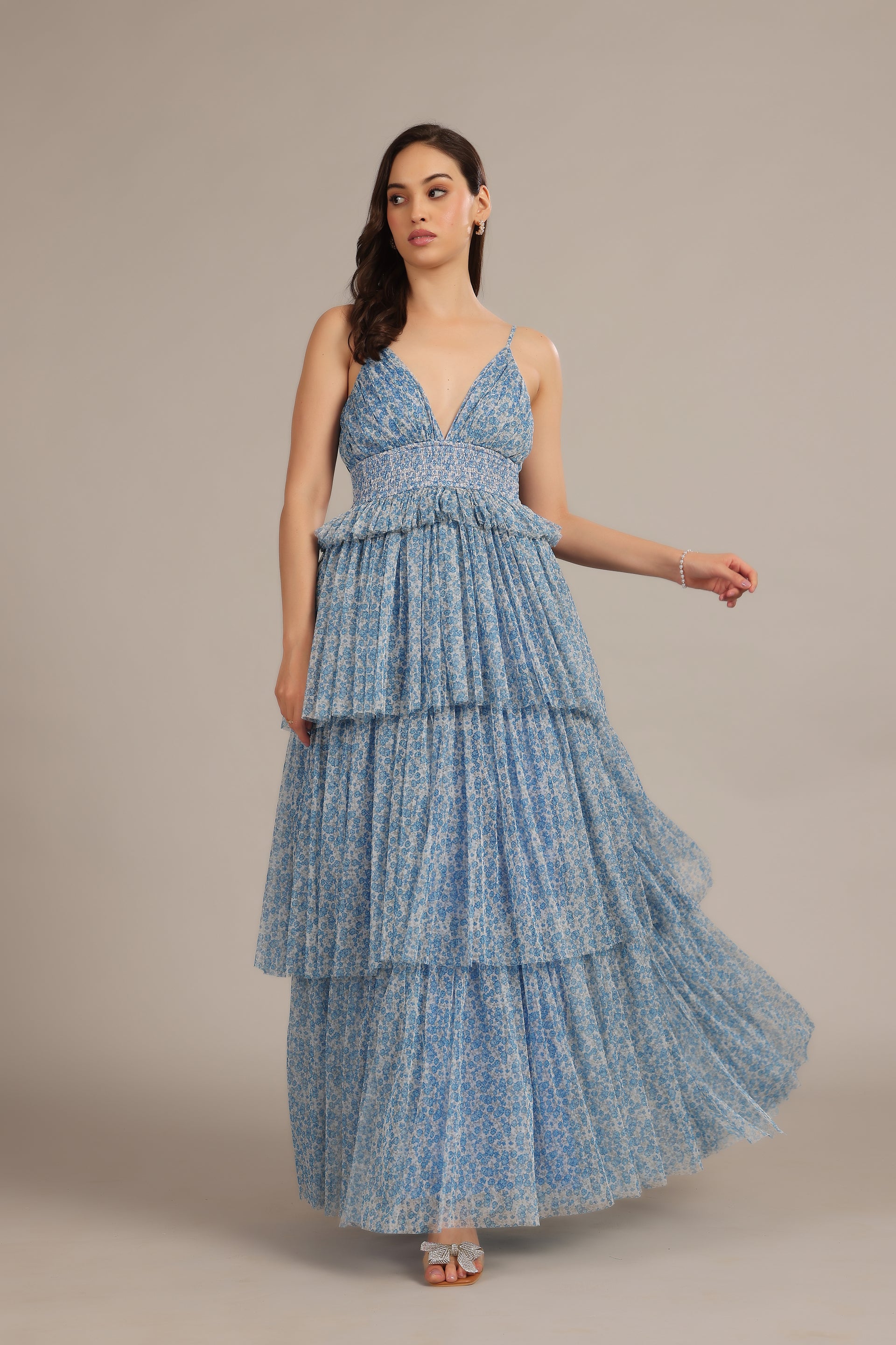 Blue Formal Soft Mesh Floral Print Tiered Maxi Strappy Dress