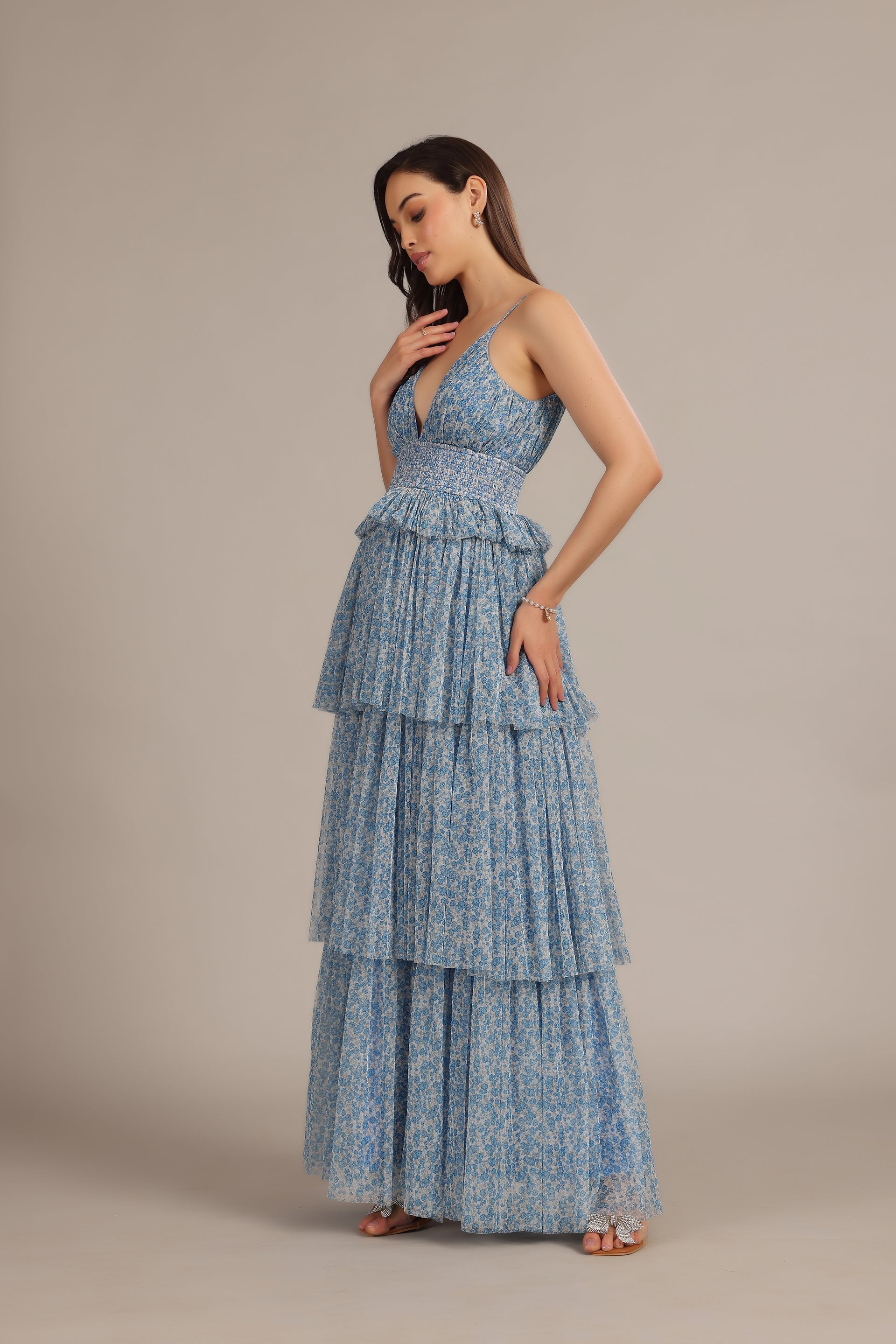 Rani Tulle Maxi Dress in Ditsy Blue Floral