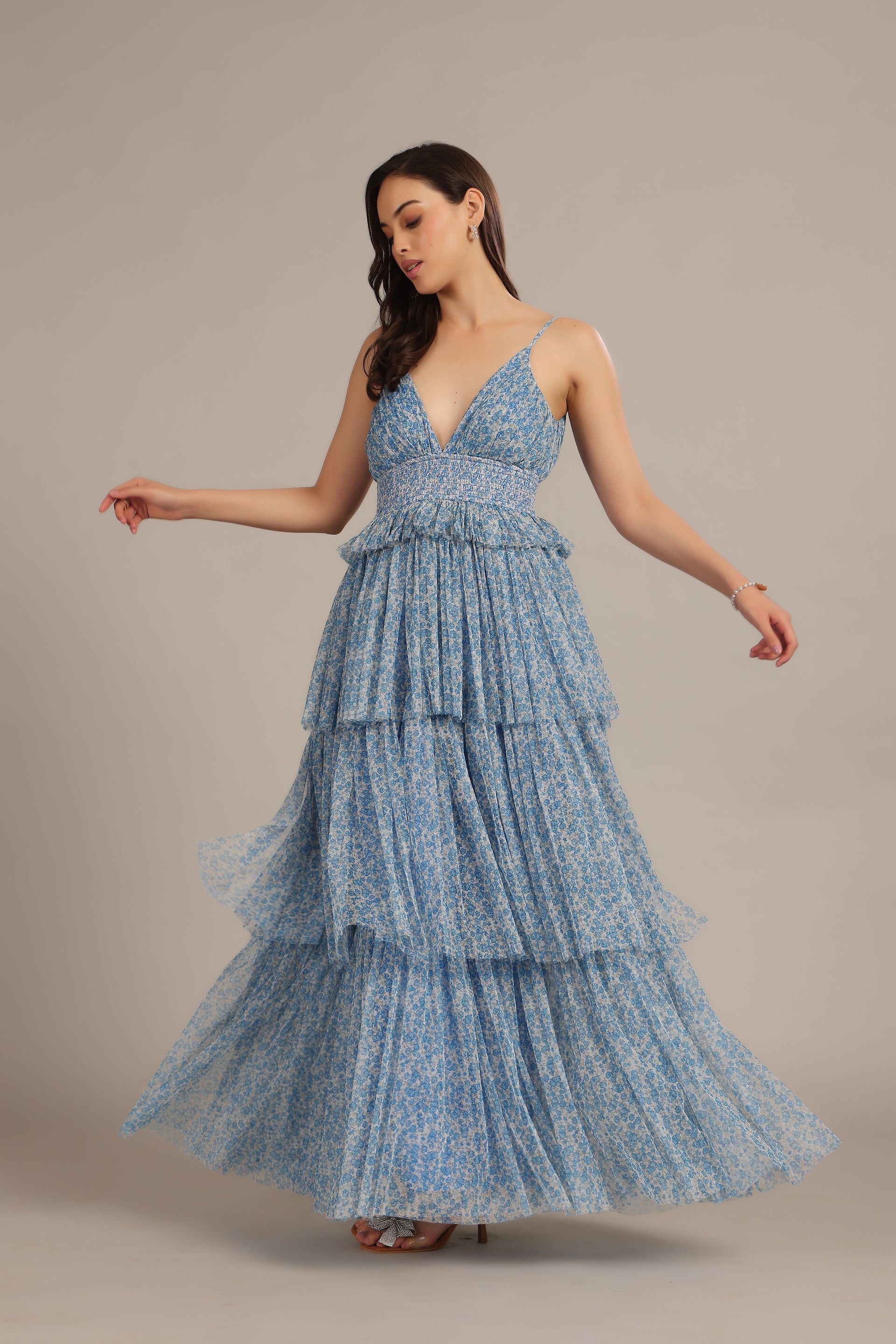 Rani Tulle Maxi Dress in Ditsy Blue Floral