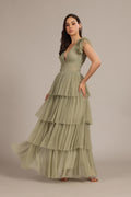 Bridesmaid wedding guest dusty sage plunging green tulle layered maxi dress