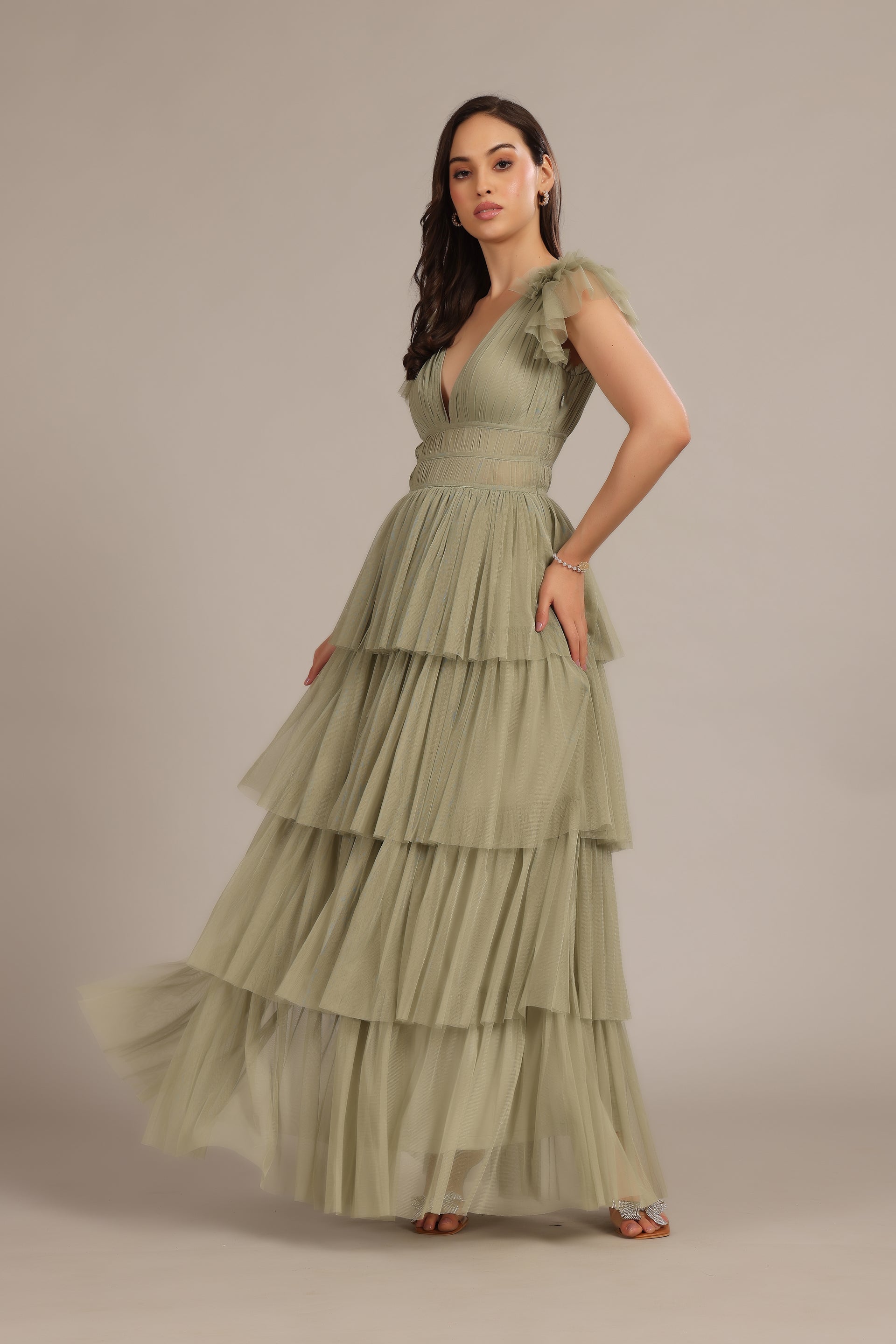 Bridesmaid wedding guest dusty sage plunging green tulle layered maxi dress