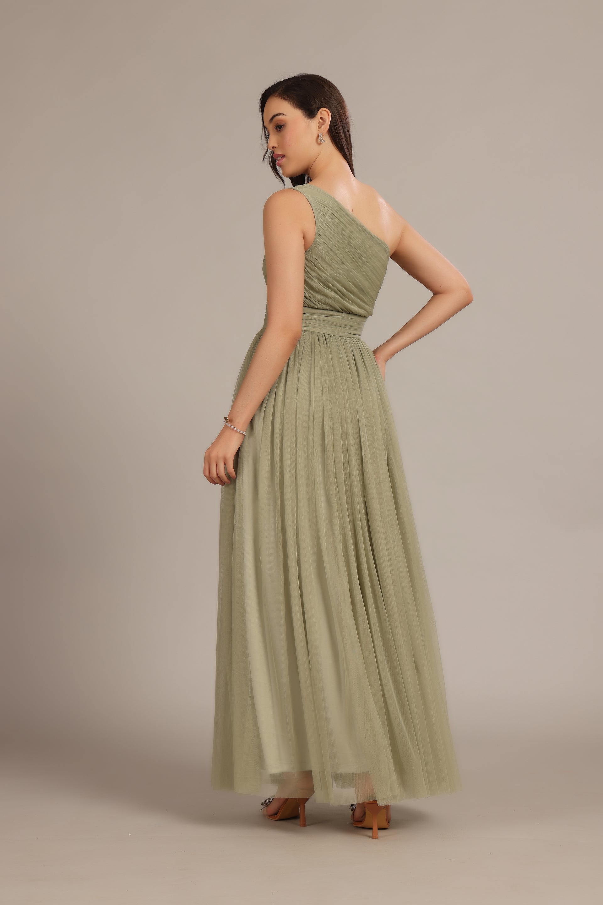 One Shoulder Tulle Maxi Dress in Dusty Sage
