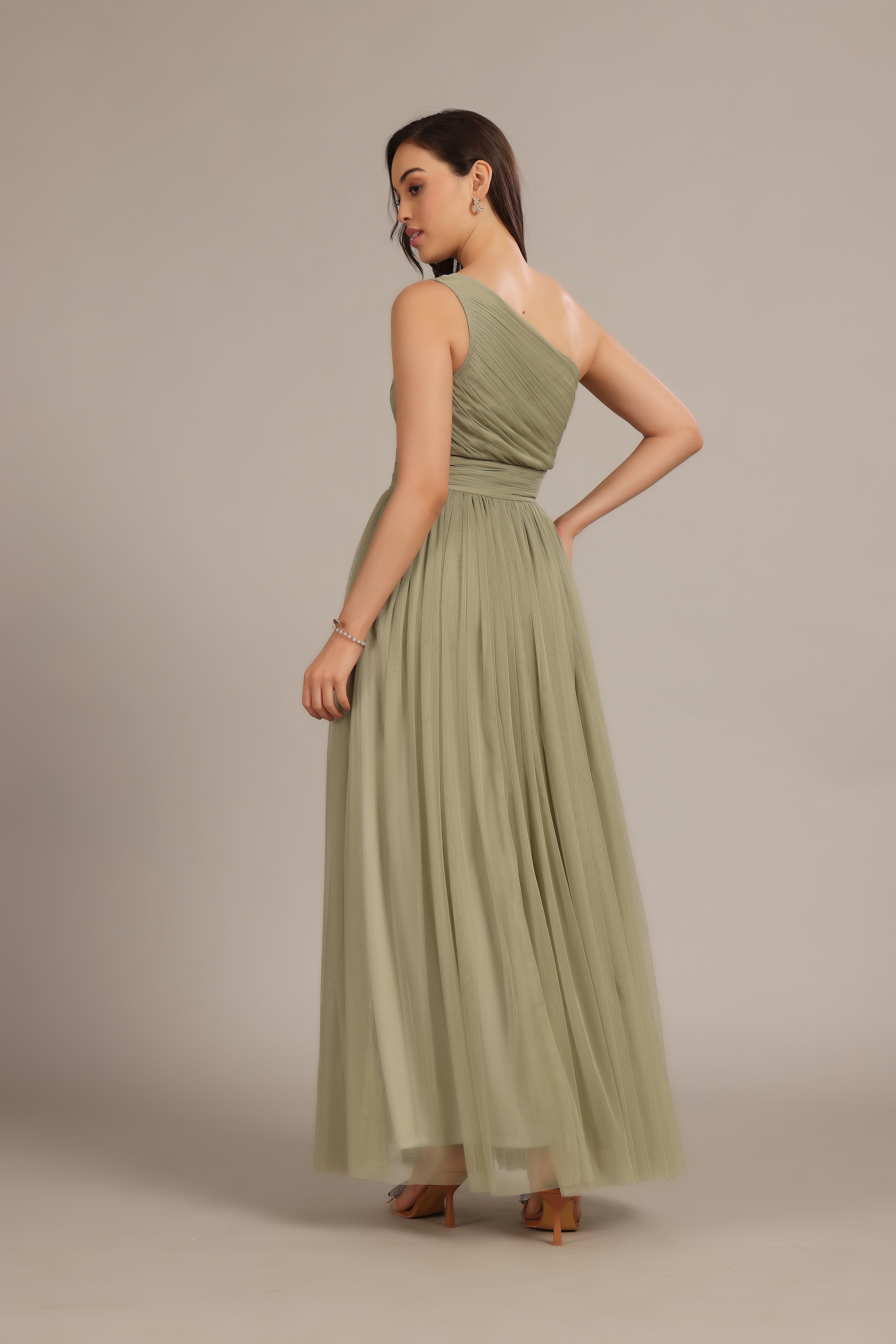 One Shoulder Tulle Maxi Dress in Dusty Sage