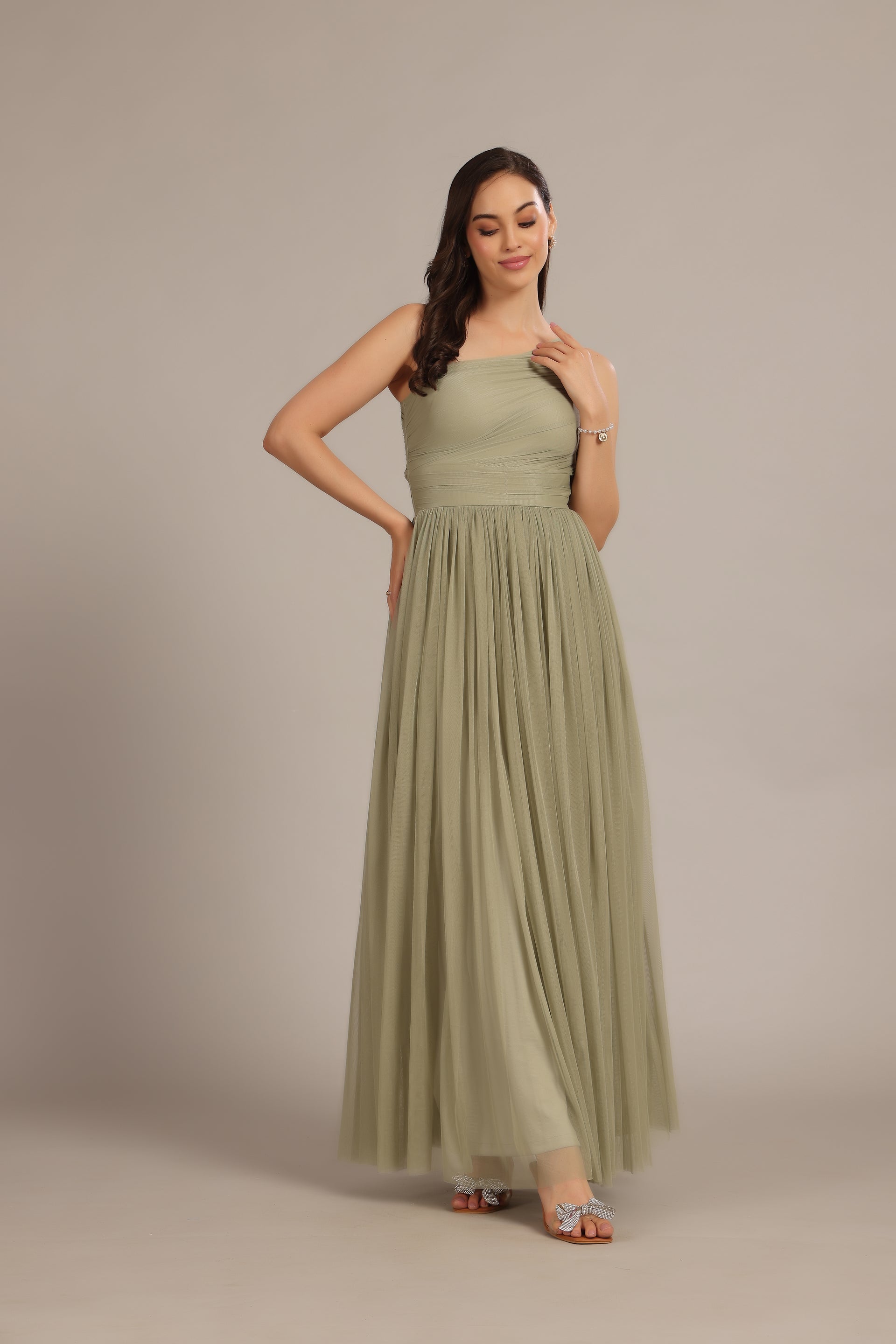 One Shoulder Tulle Maxi Dress in Dusty Sage