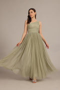One Shoulder Soft Tulle Bridesmaid Wedding Guest Dusty Sage Green Maxi Dress