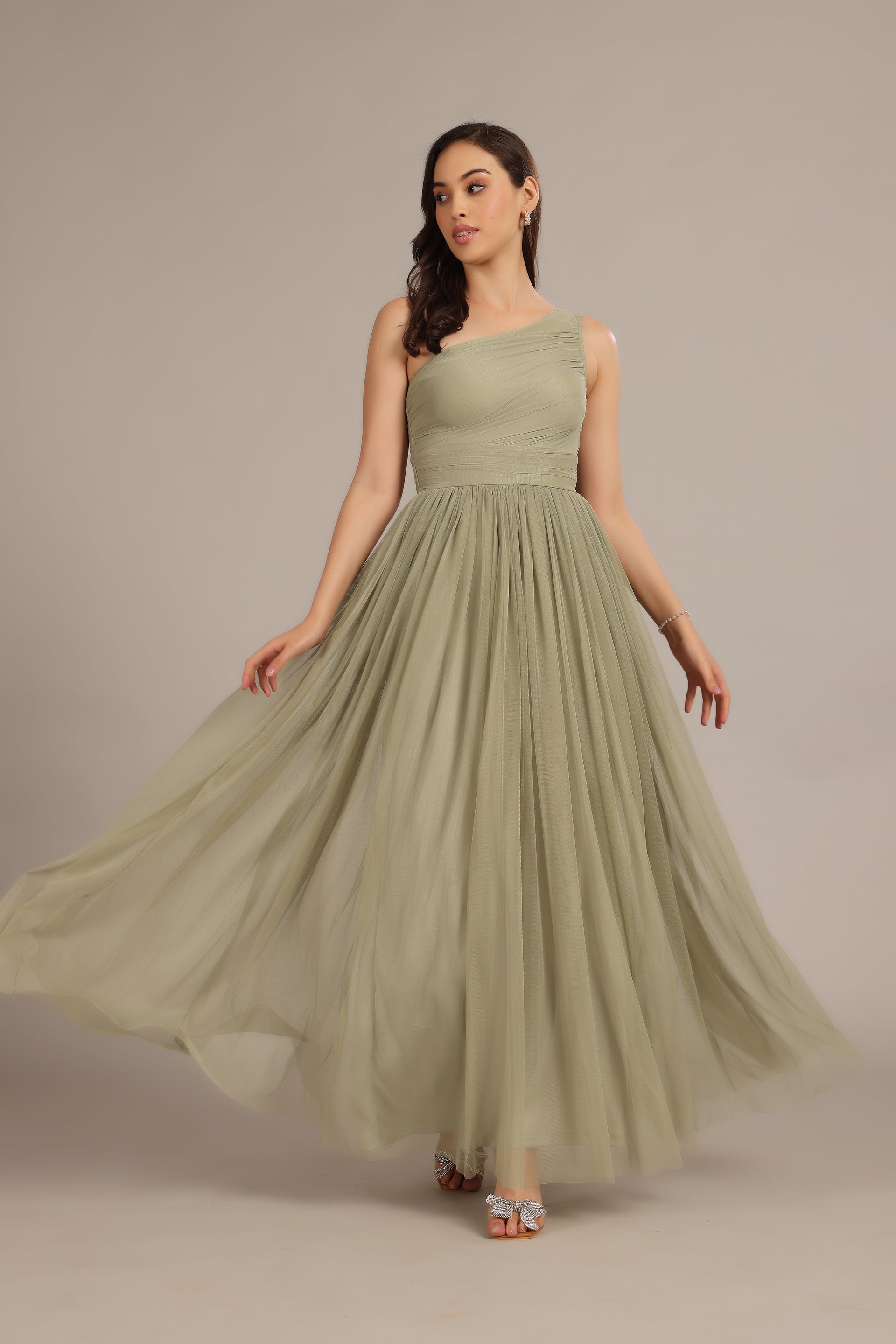 One Shoulder Soft Tulle Bridesmaid Wedding Guest Dusty Sage Green Maxi Dress