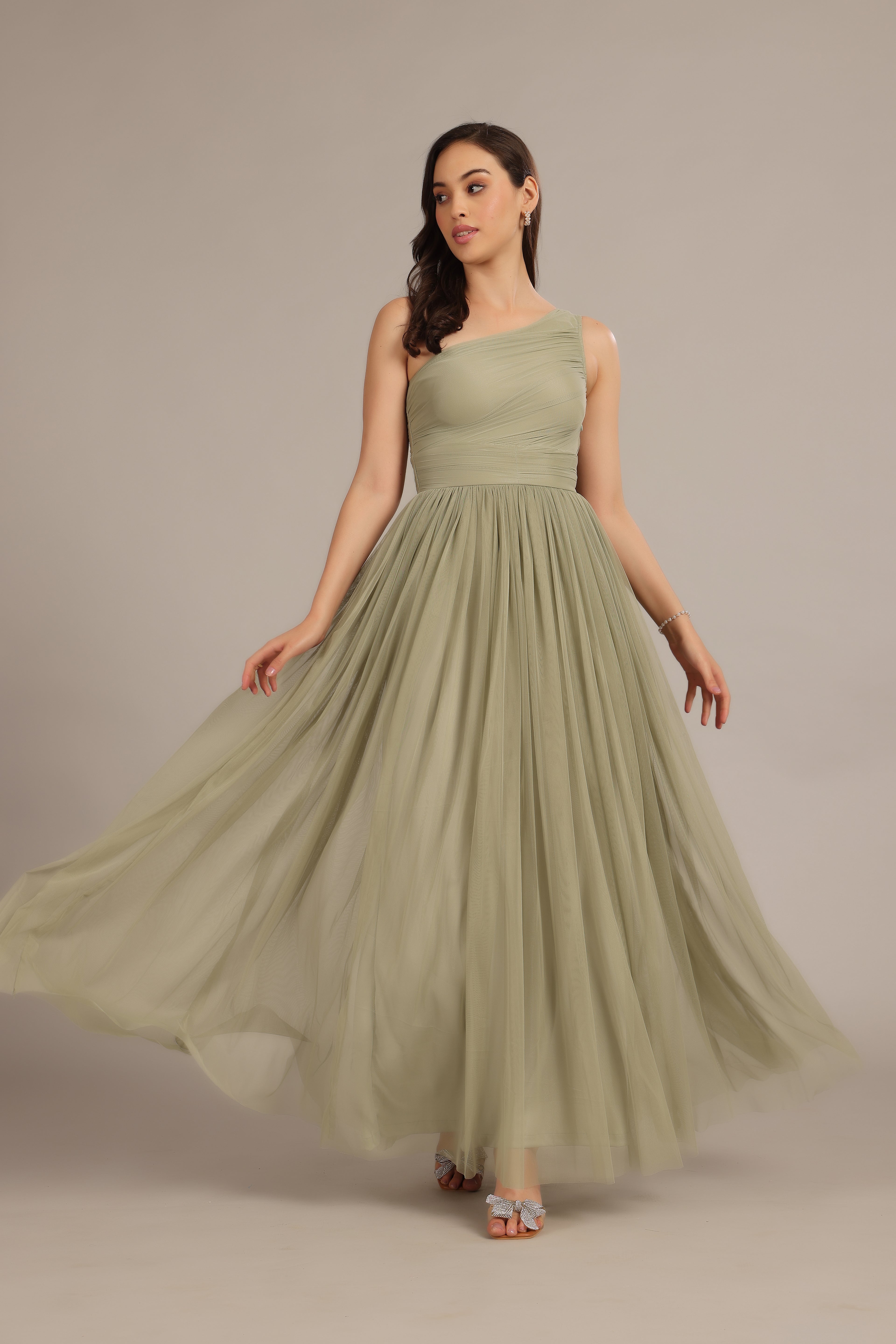 One Shoulder Tulle Maxi Dress in Dusty Sage – Lace & Beads