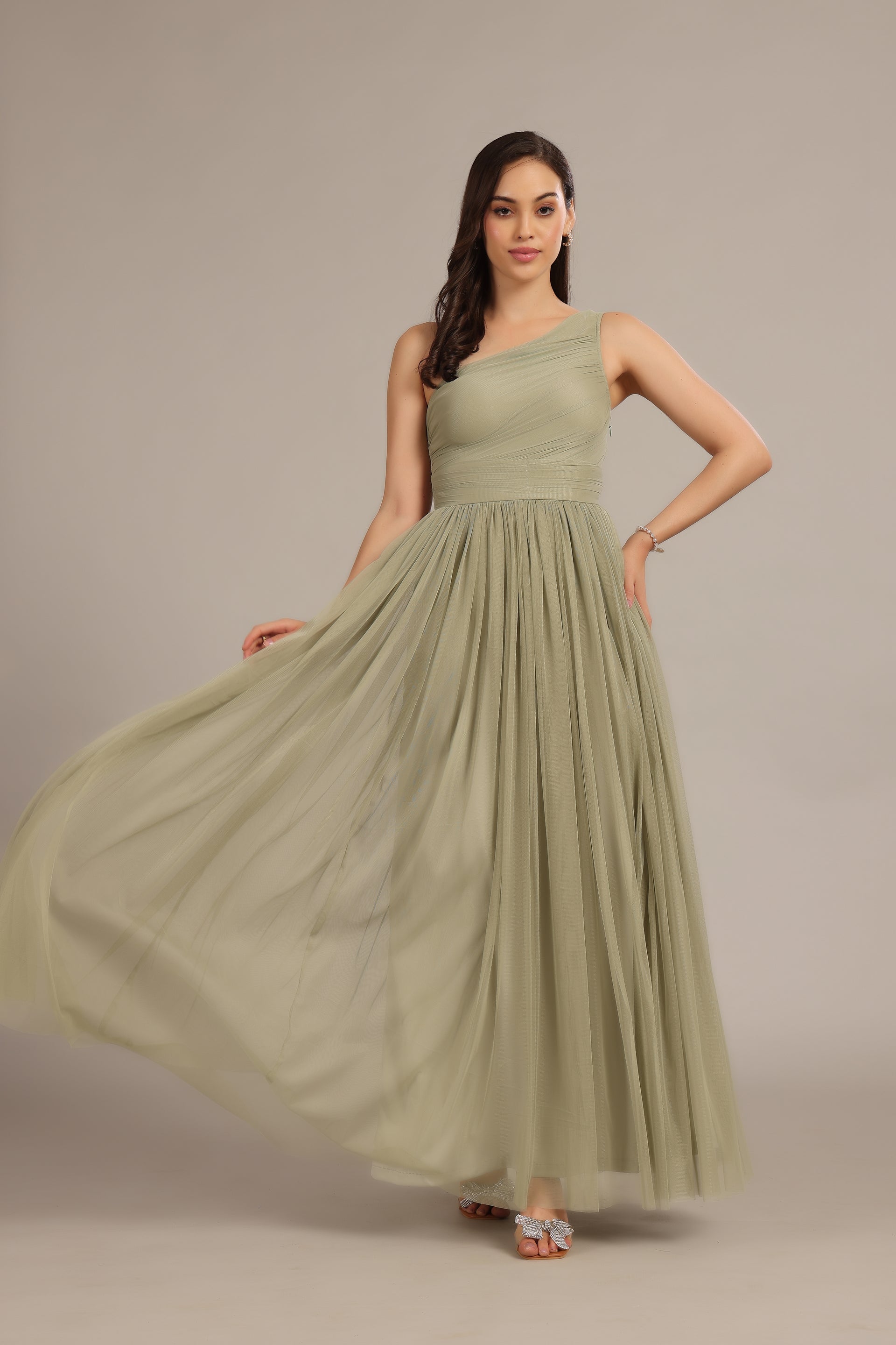 One Shoulder Tulle Maxi Dress in Dusty Sage