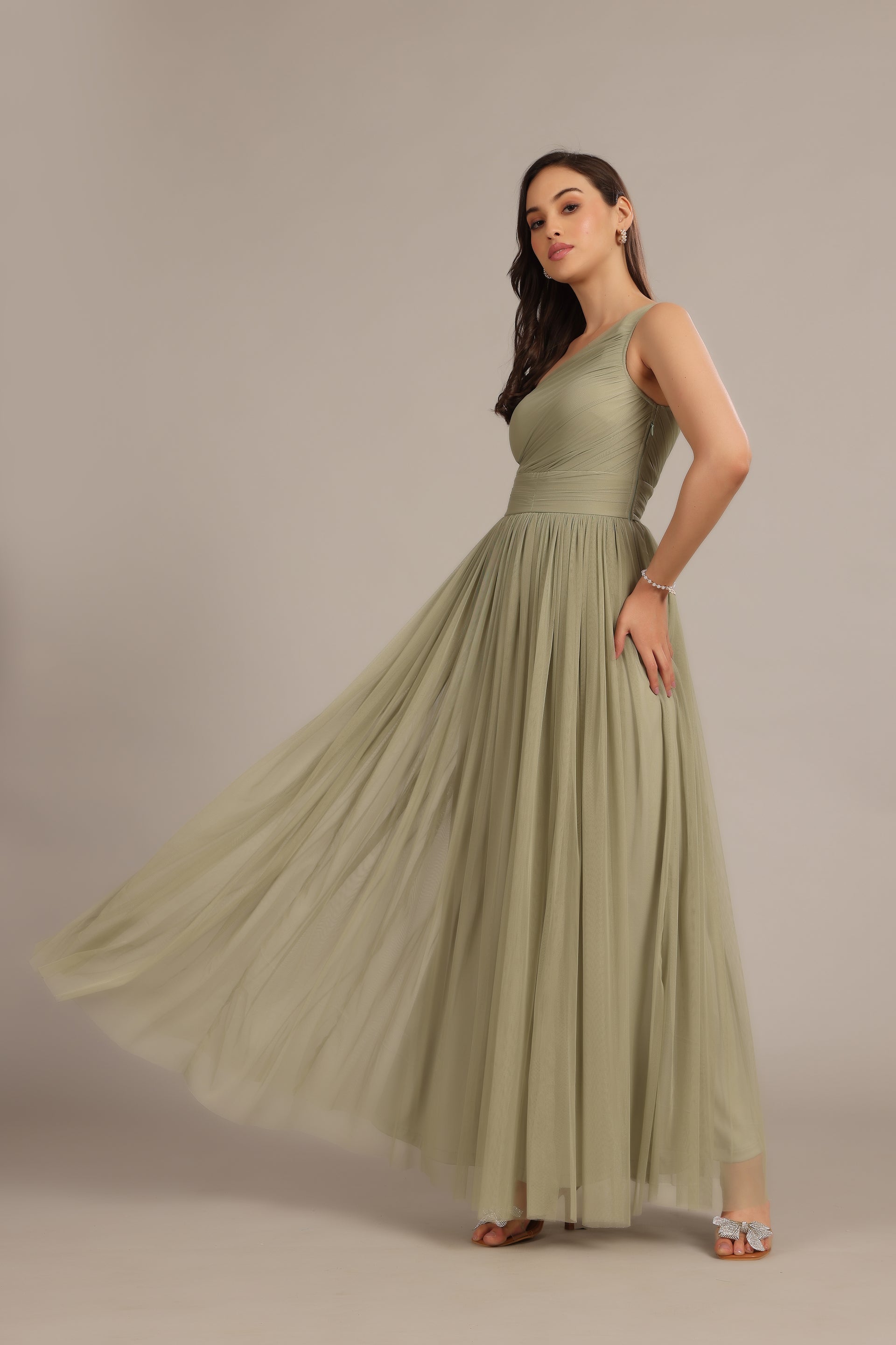 One Shoulder Tulle Maxi Dress in Dusty Sage