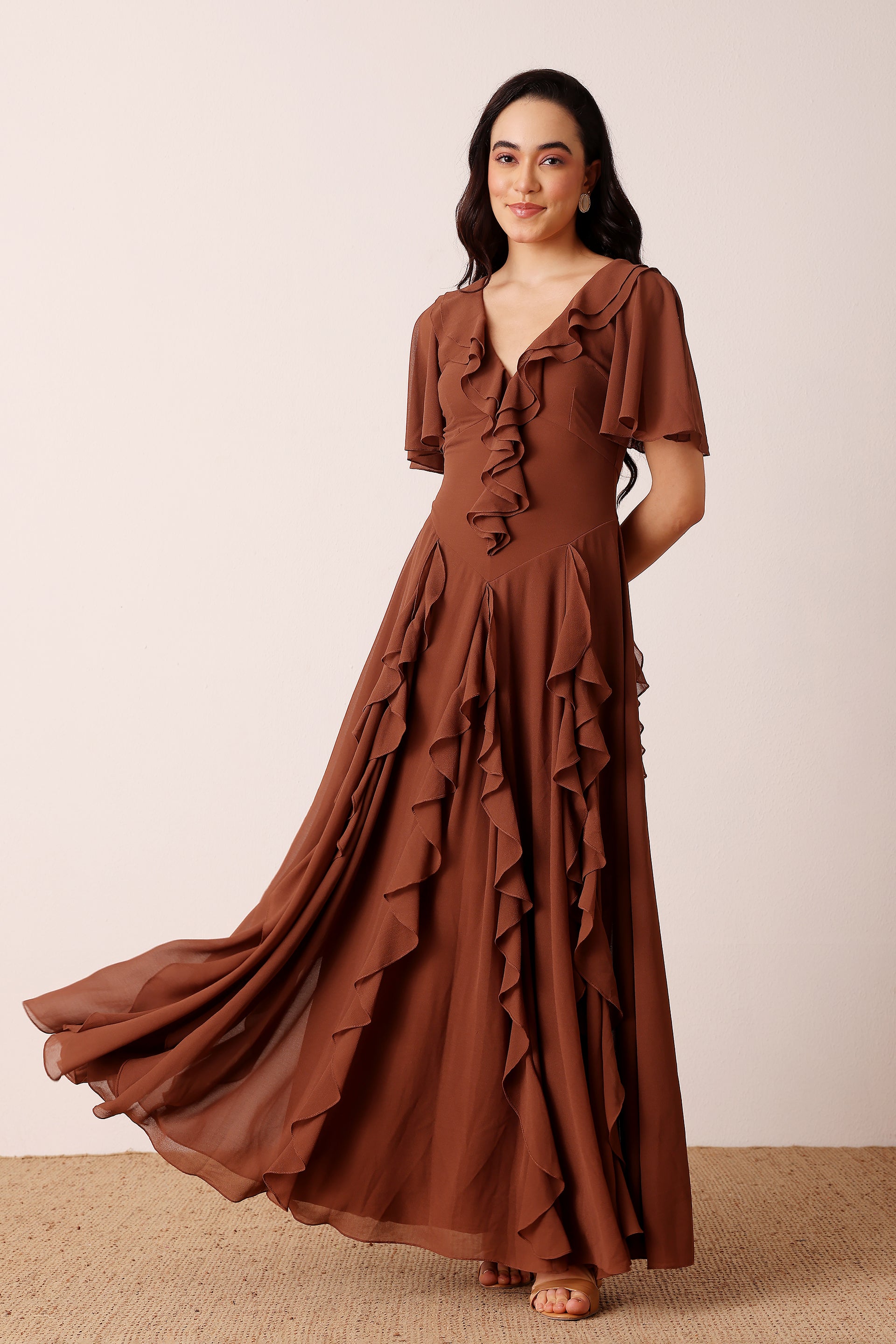 Mocha Brown Ruffle Capped Sleeve  Plunging Ocassionwear Maxi Dress