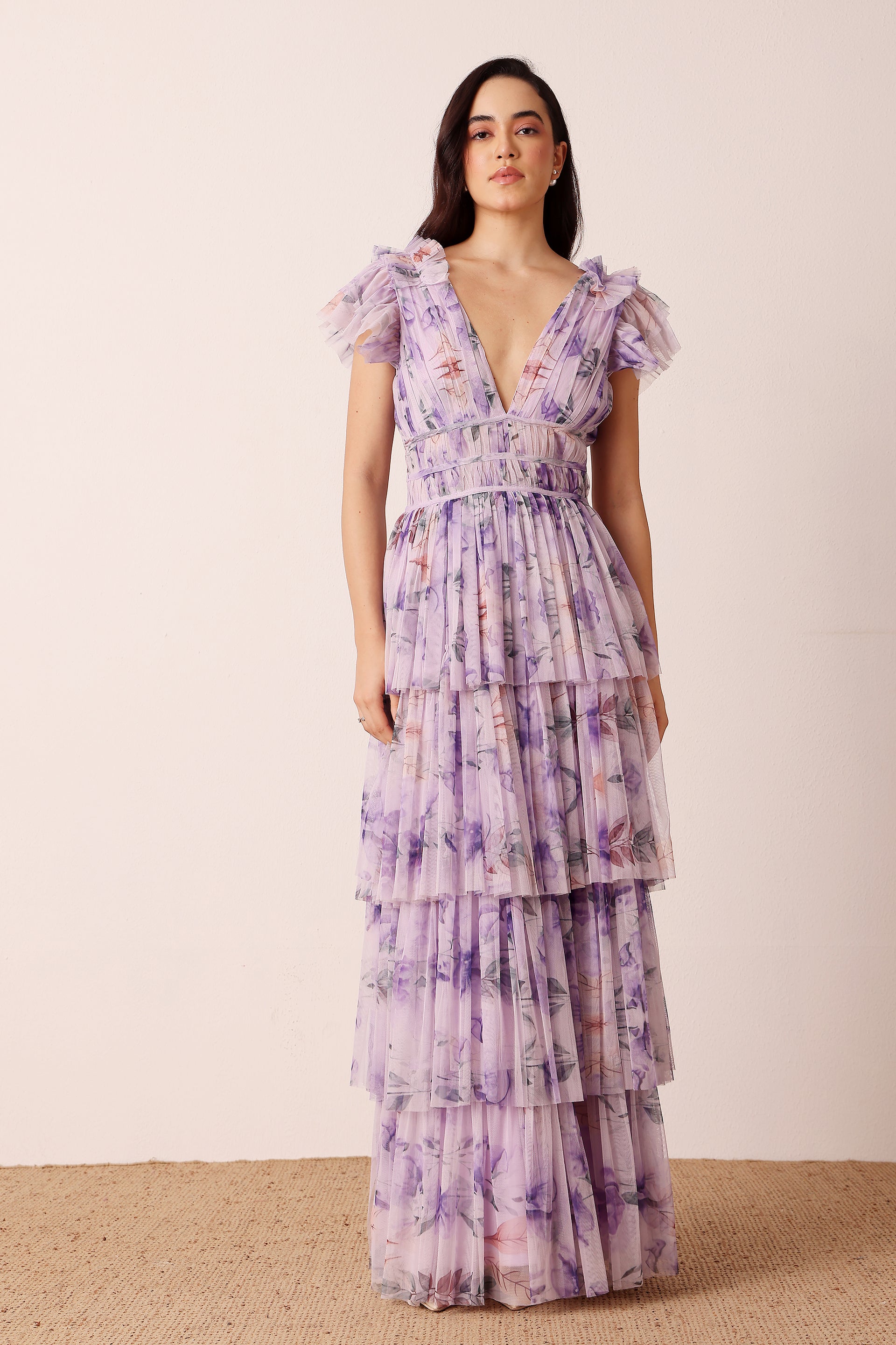 Naomi Tulle Maxi Dress in Lilac Floral