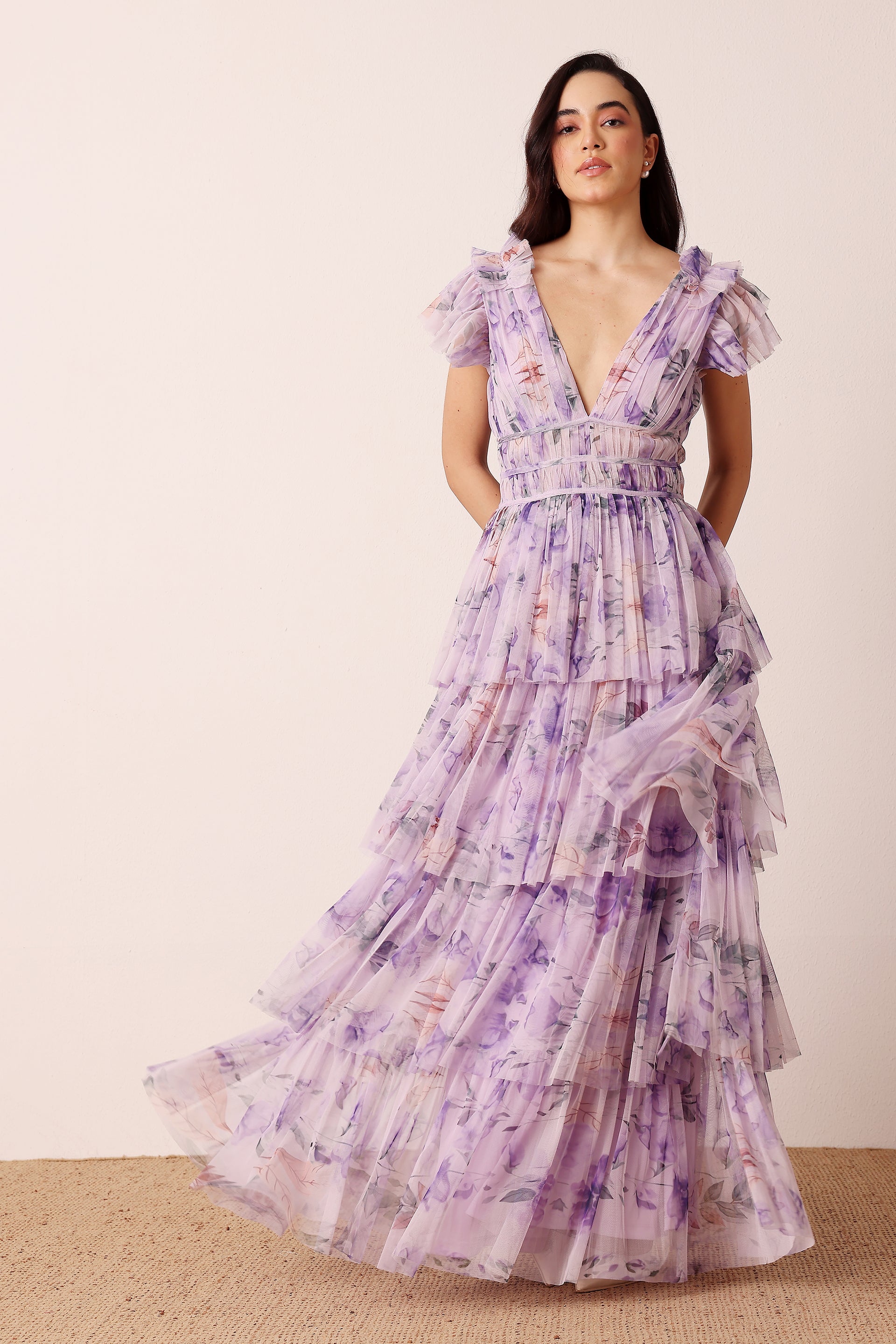 Naomi Tulle Maxi Dress in Lilac Floral