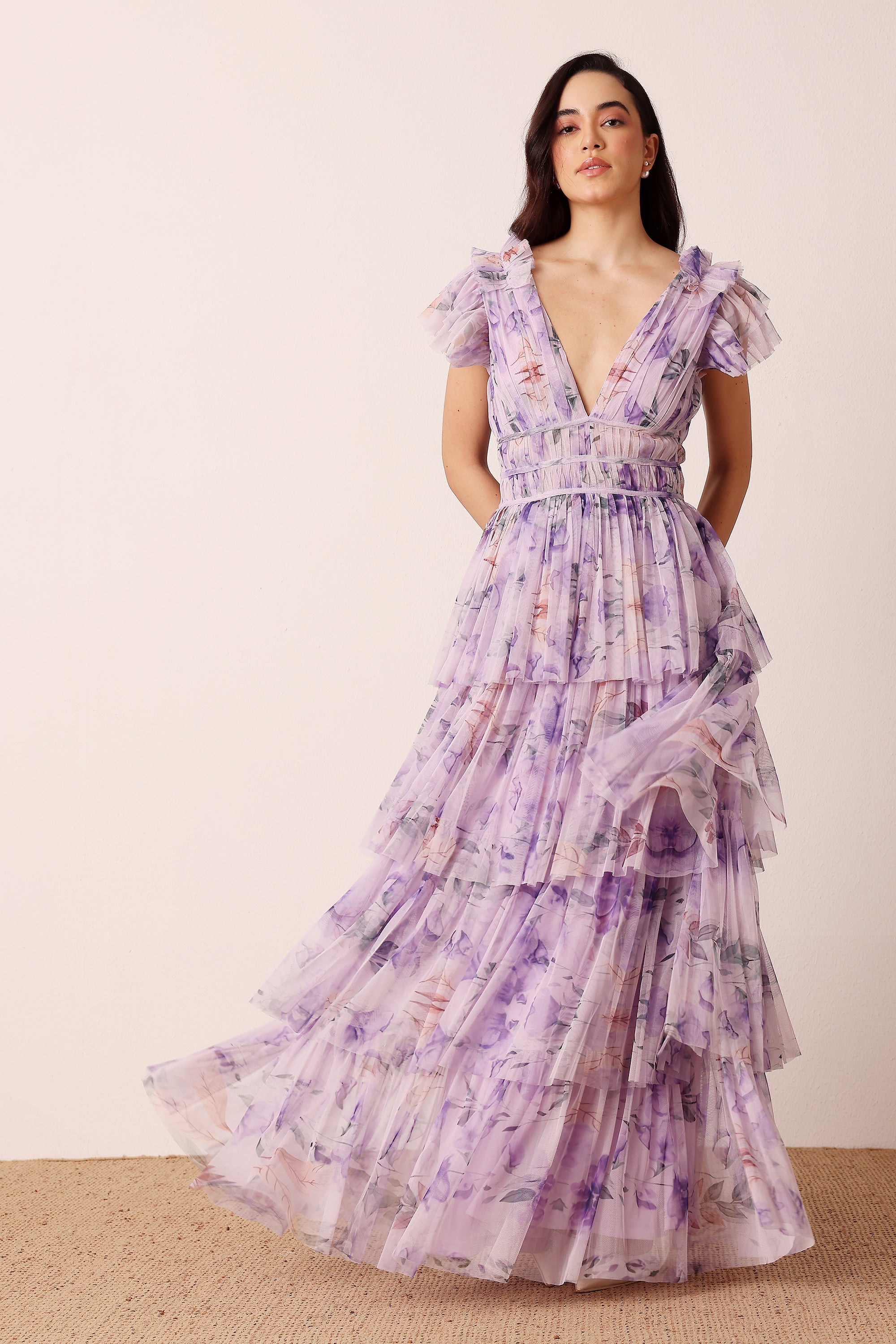 Naomi Tulle Maxi Dress in Lilac Floral
