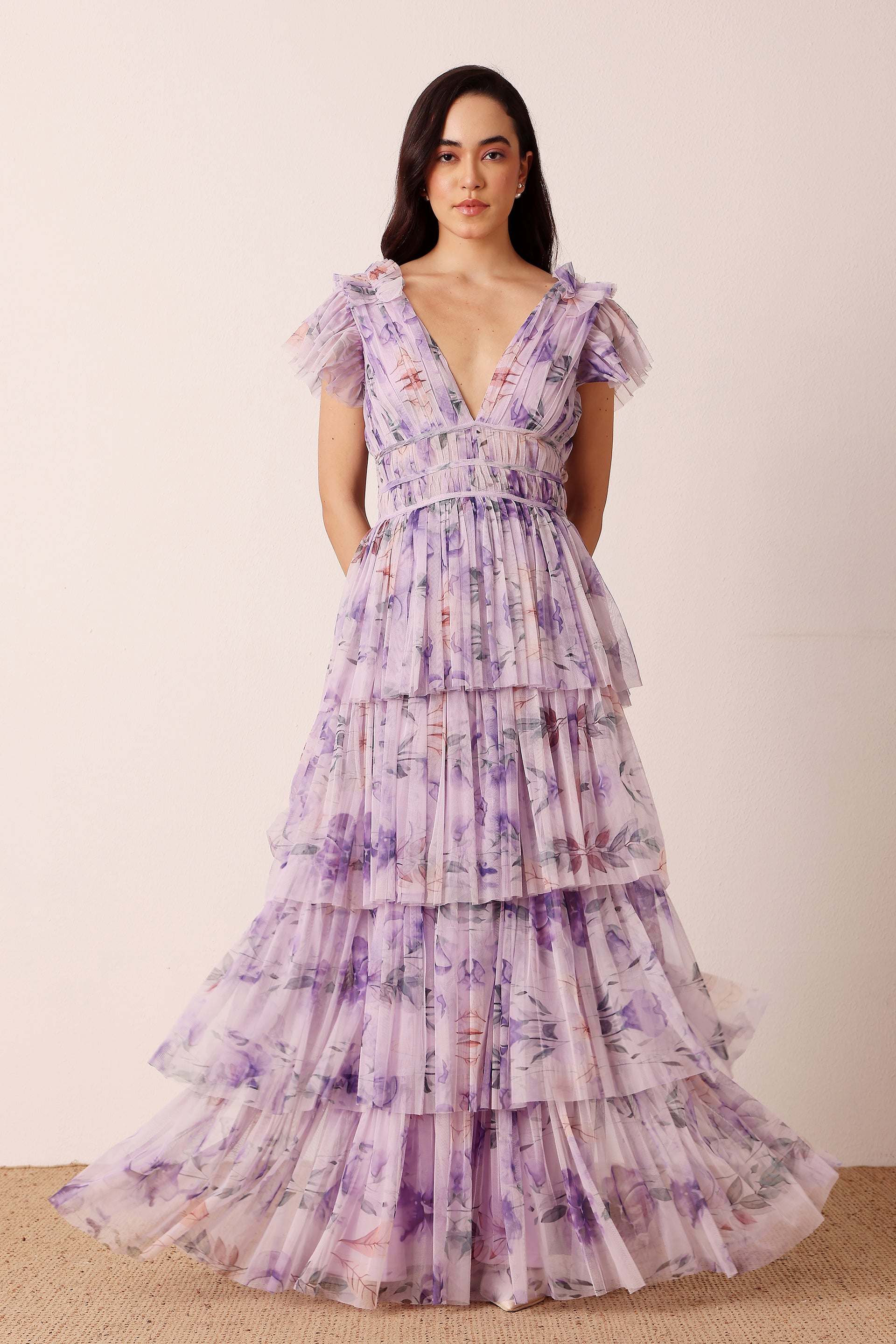 Naomi Tulle Maxi Dress in Lilac Floral
