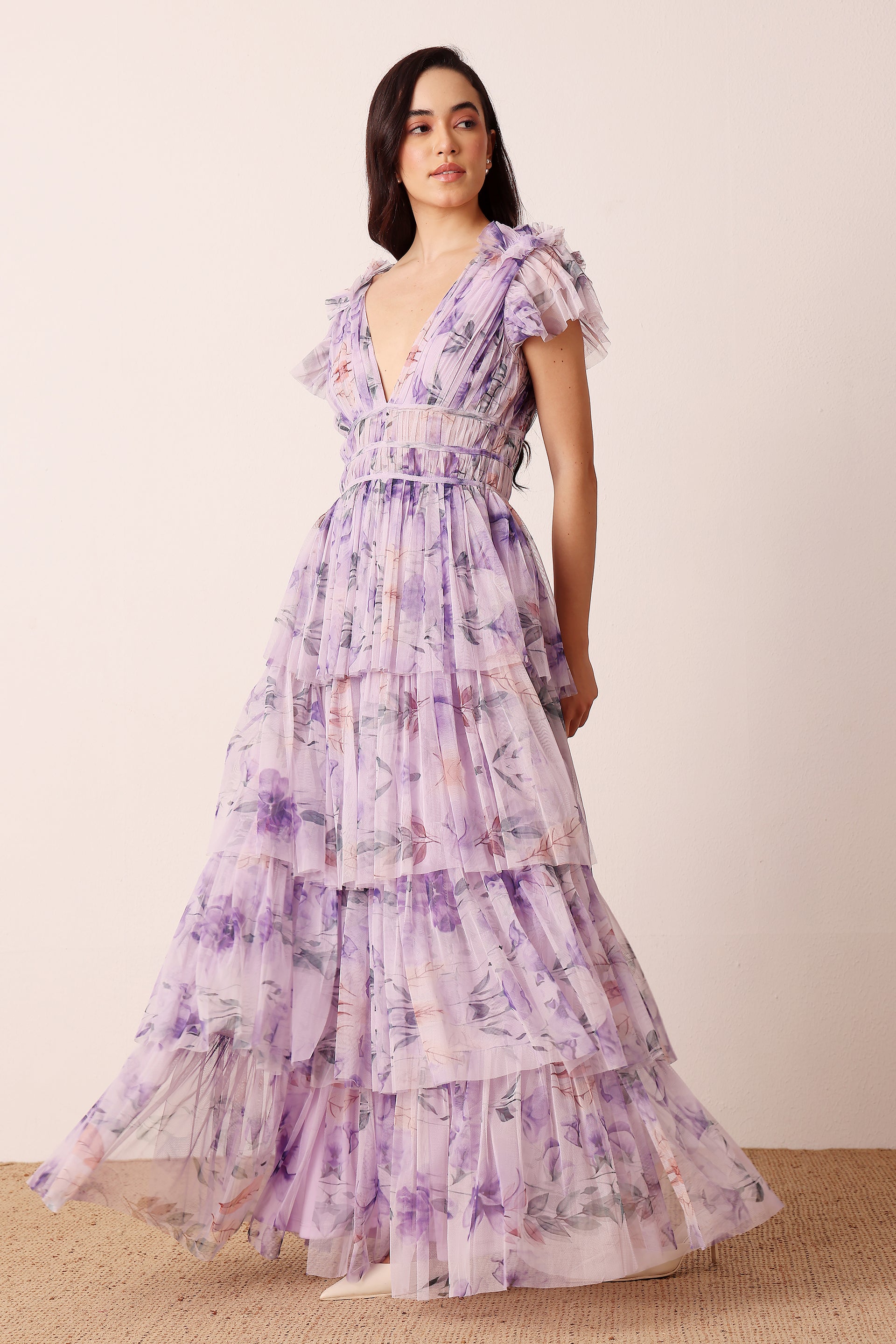 Naomi Tulle Maxi Dress in Lilac Floral