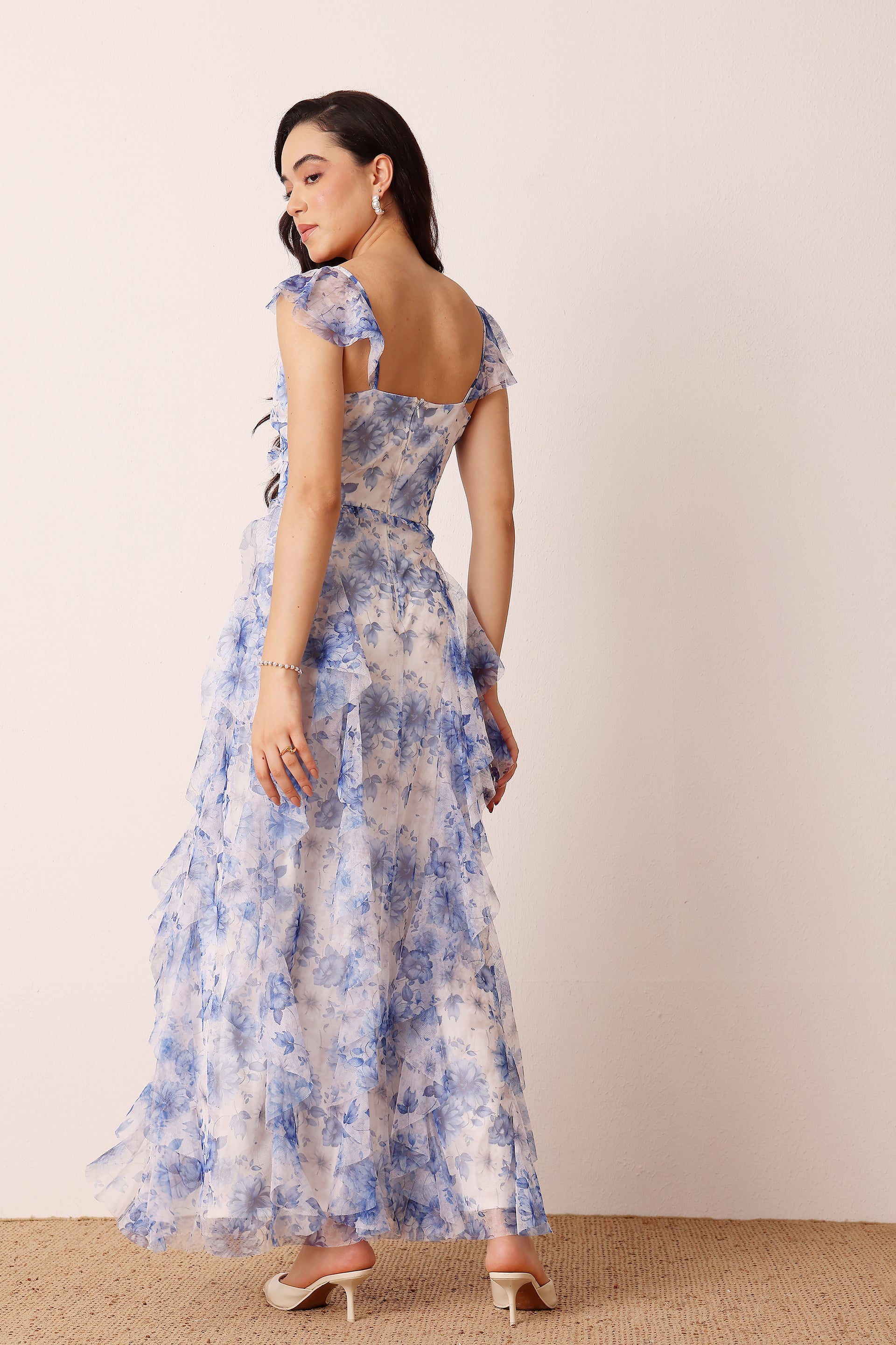 Malin Tulle Maxi Dress in Blue Print